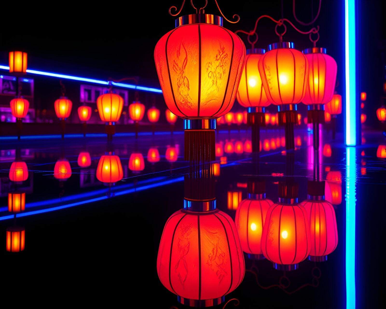 Fashionable neon lanterns reflected twice in bright colors.