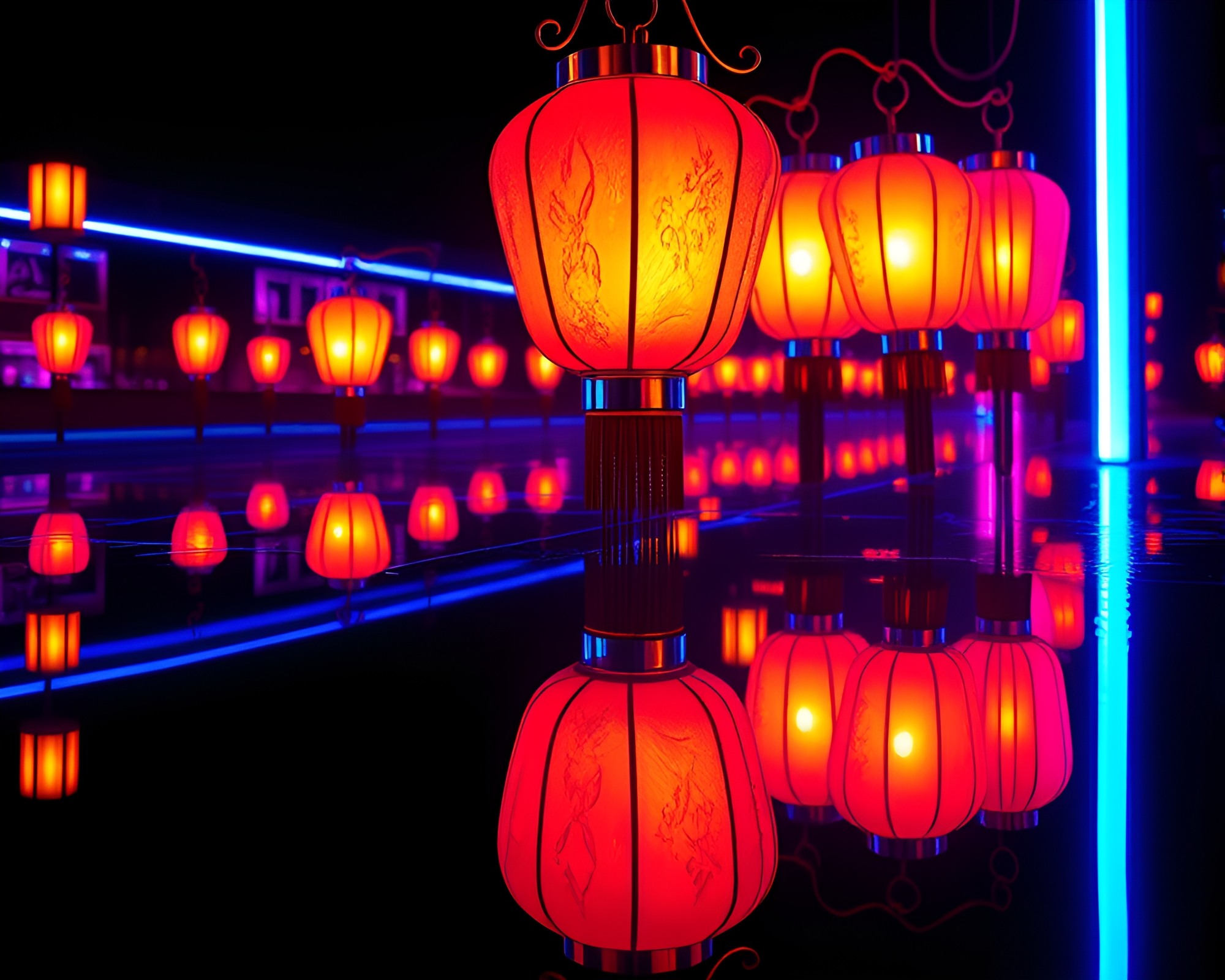 Vibrant Double Neon Lantern Reflection Fashion Illustration – free AI stock image