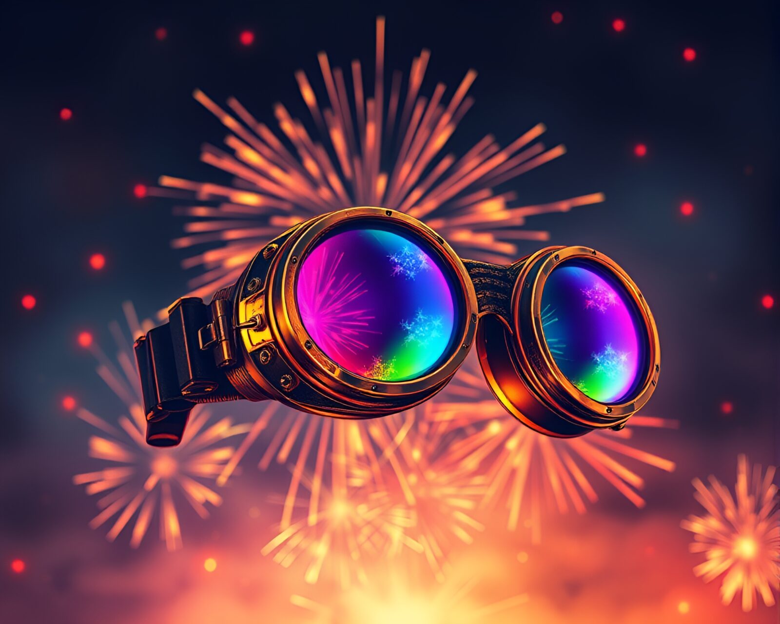 Colorful bursts of fireworks through steampunk goggles in manga style