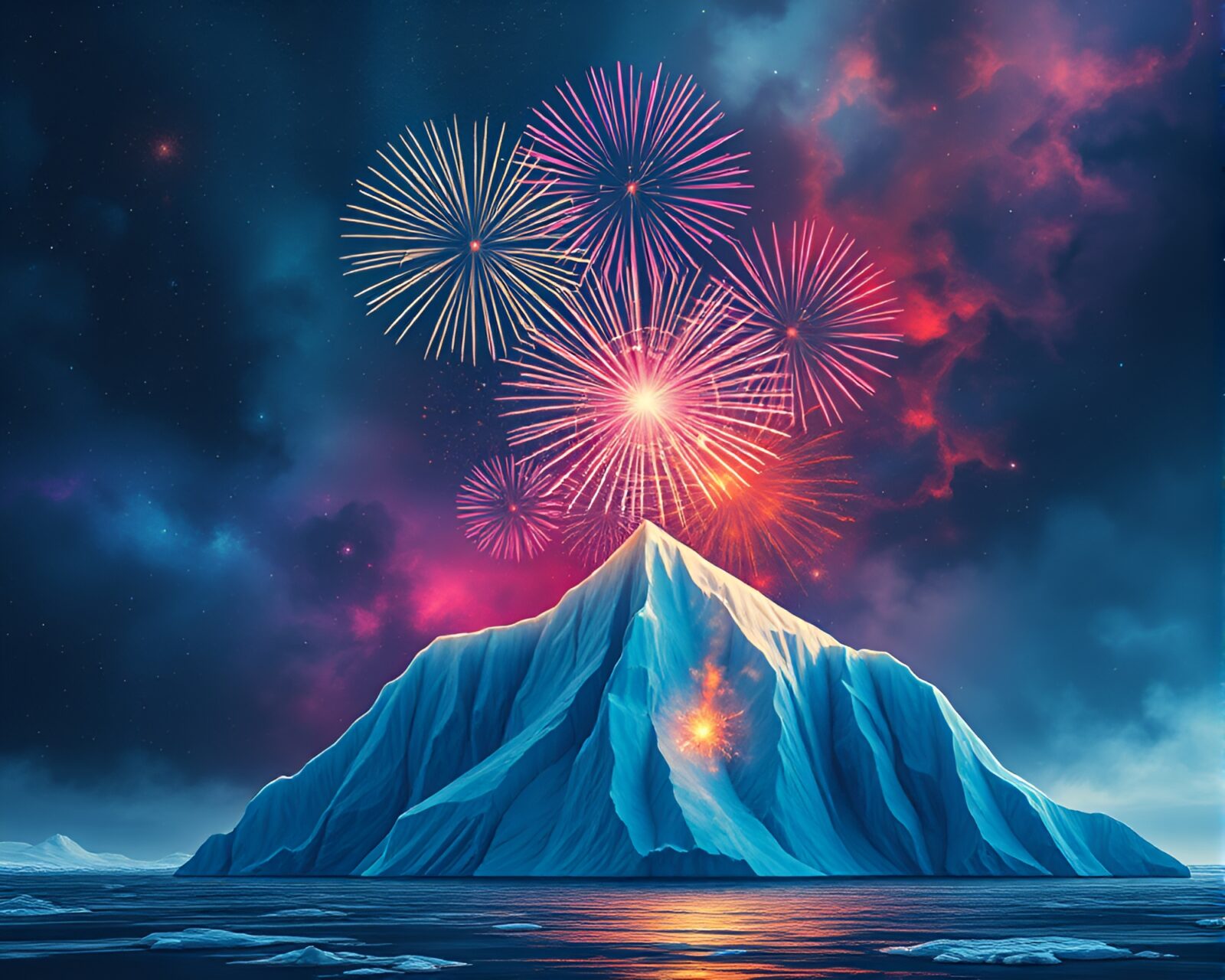 Geometric abstraction of an Arctic iceberg under cosmic fireworks