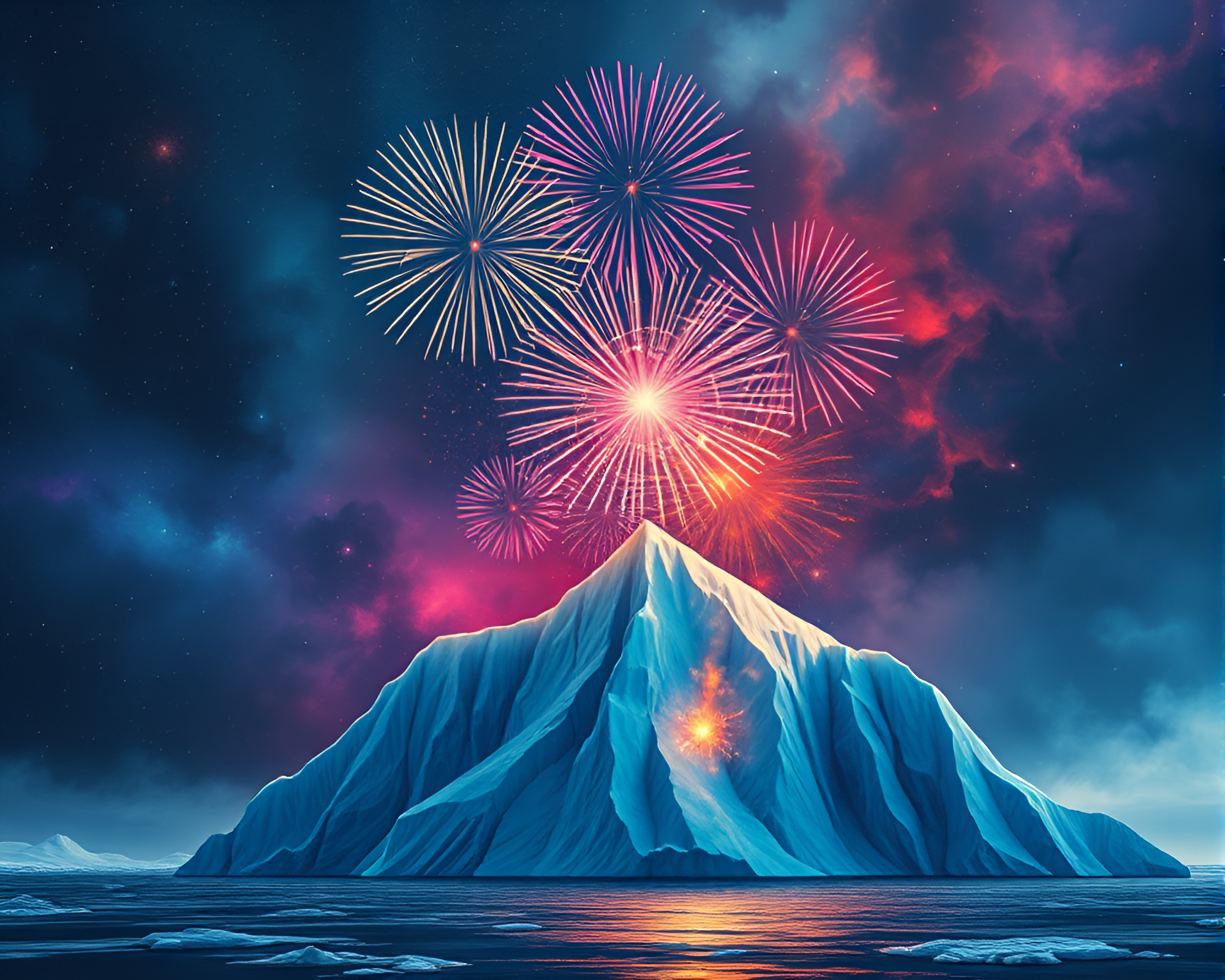 Arctic Iceberg Transformed into Cosmic Fireworks Display – free AI stock image