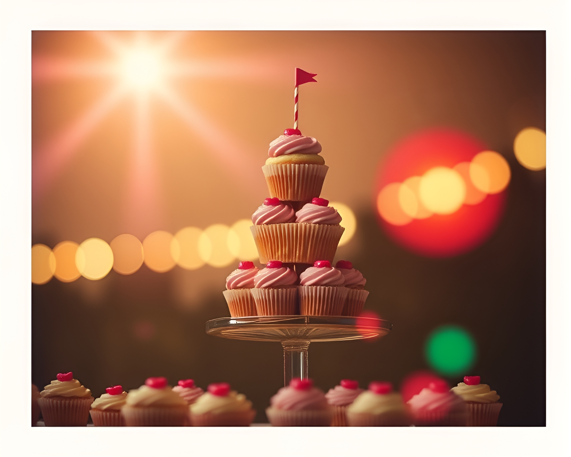 Sunlit Cupcake Tower in Polaroid Vignette Border – free AI stock image