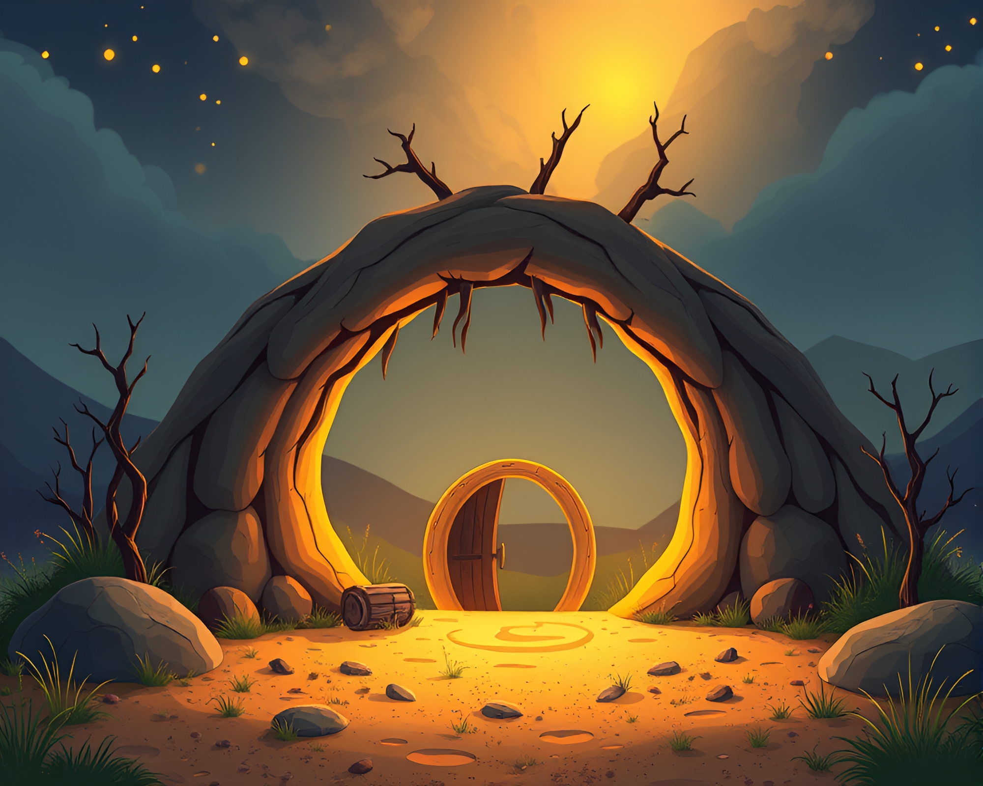 Circular Frame Mud Hut with Fractal Glow – free AI stock image