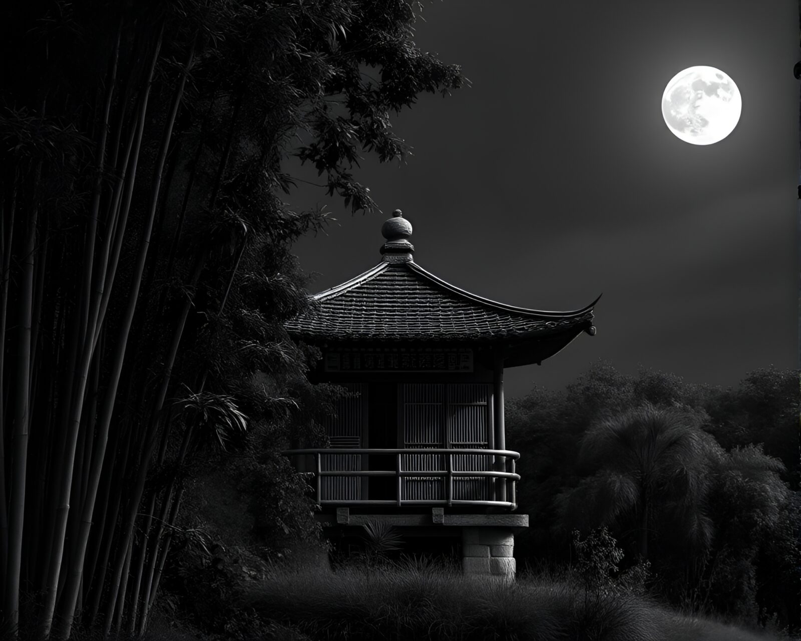Digital visualization of a bamboo hut under lunar light