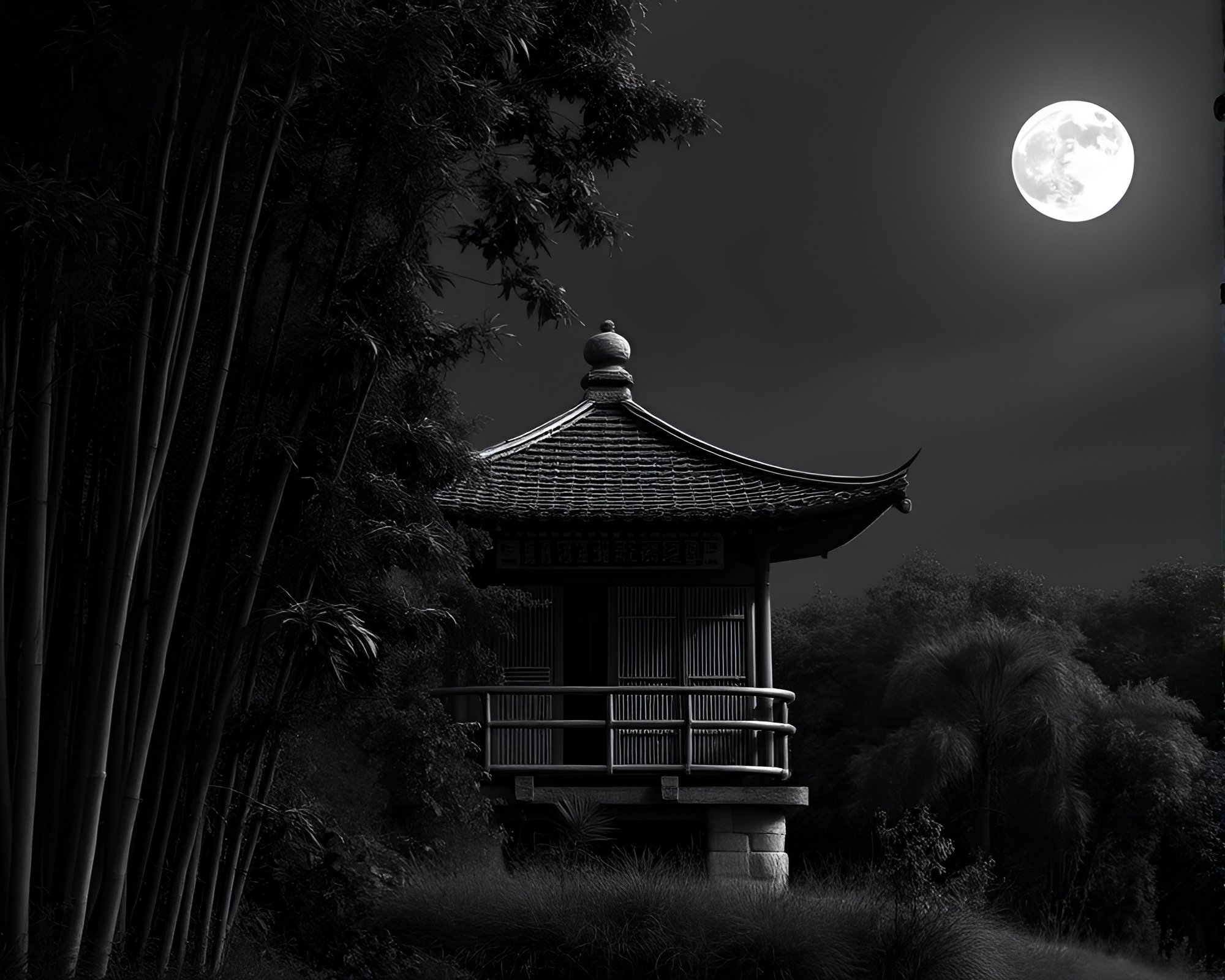 Bamboo Hut in Moonlight Data Art – free AI stock image