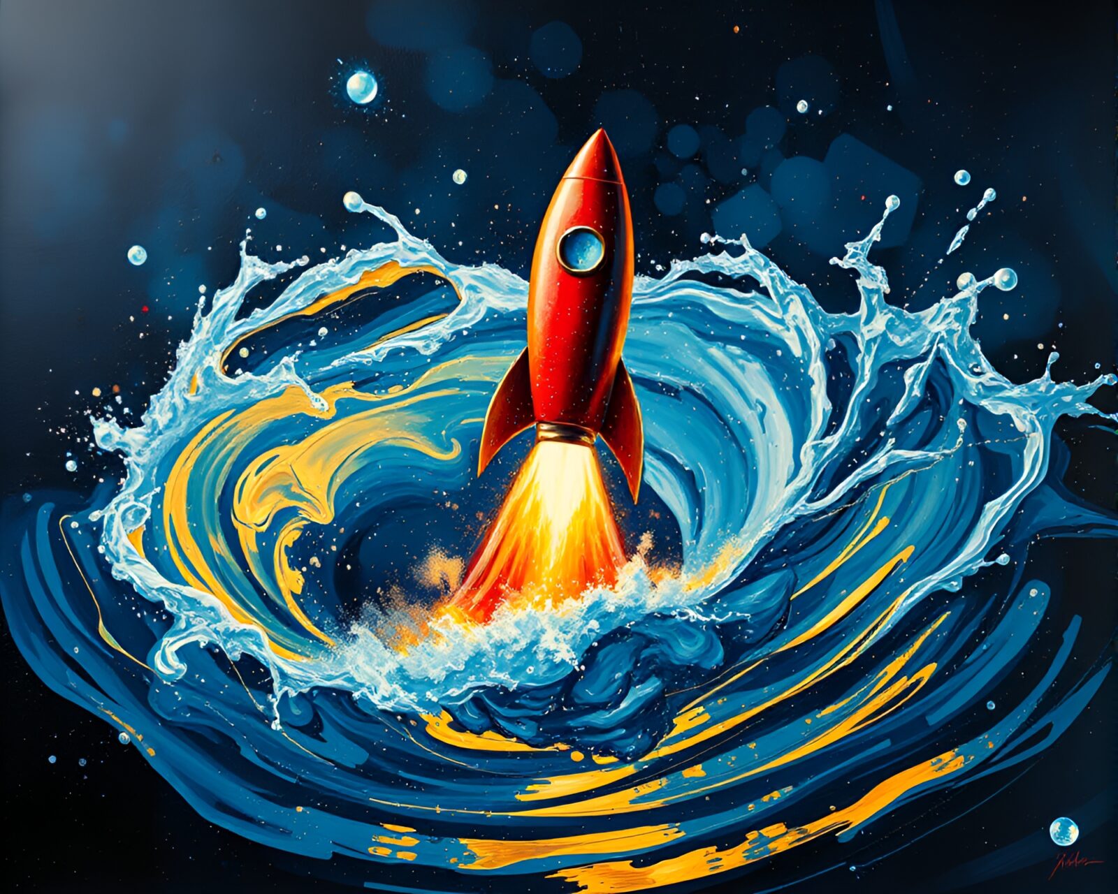 Colorful splatter painting of rocket swirling in water
