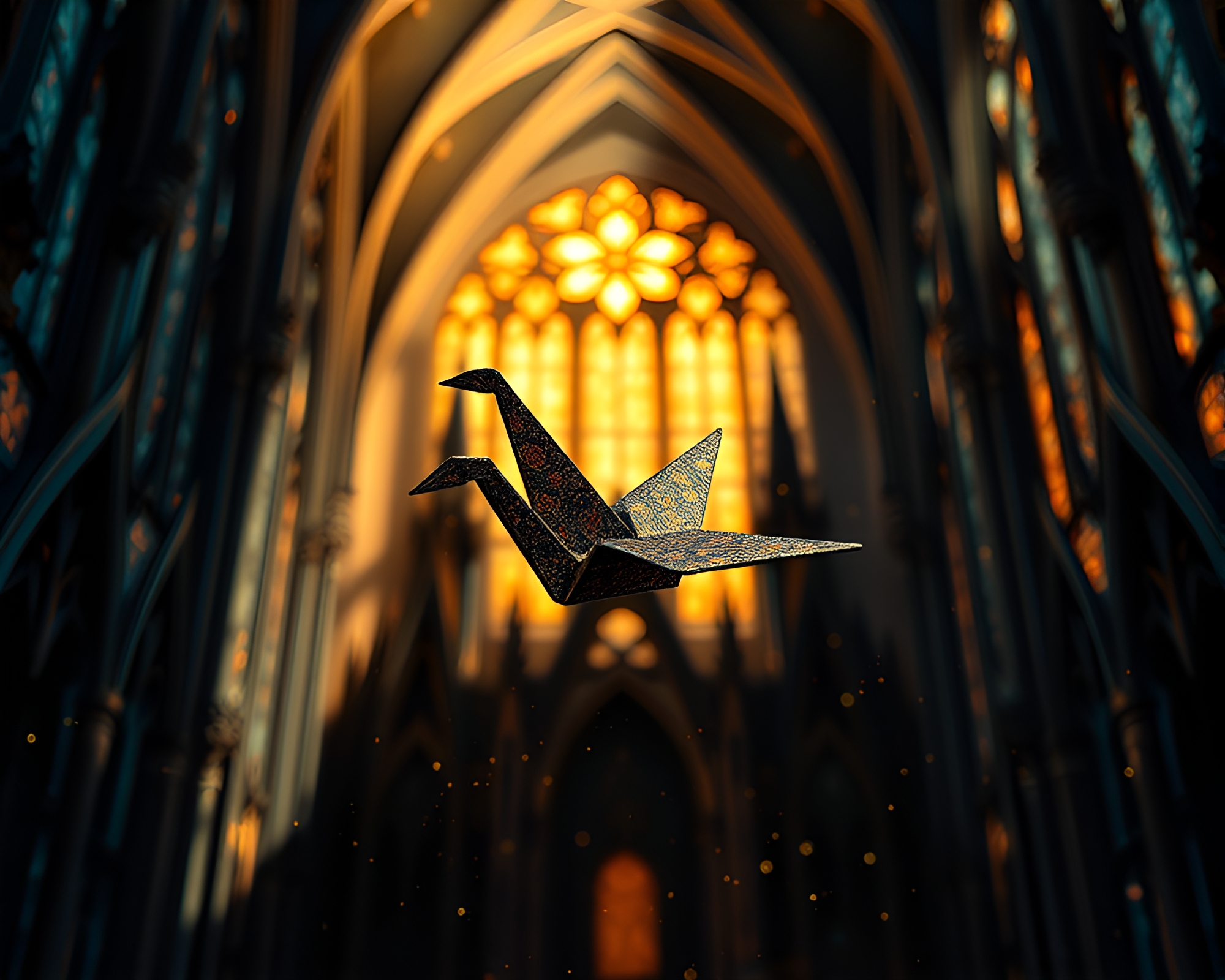 Ethereal Origami Crane Cathedral Stained Glass Light – free AI stock image