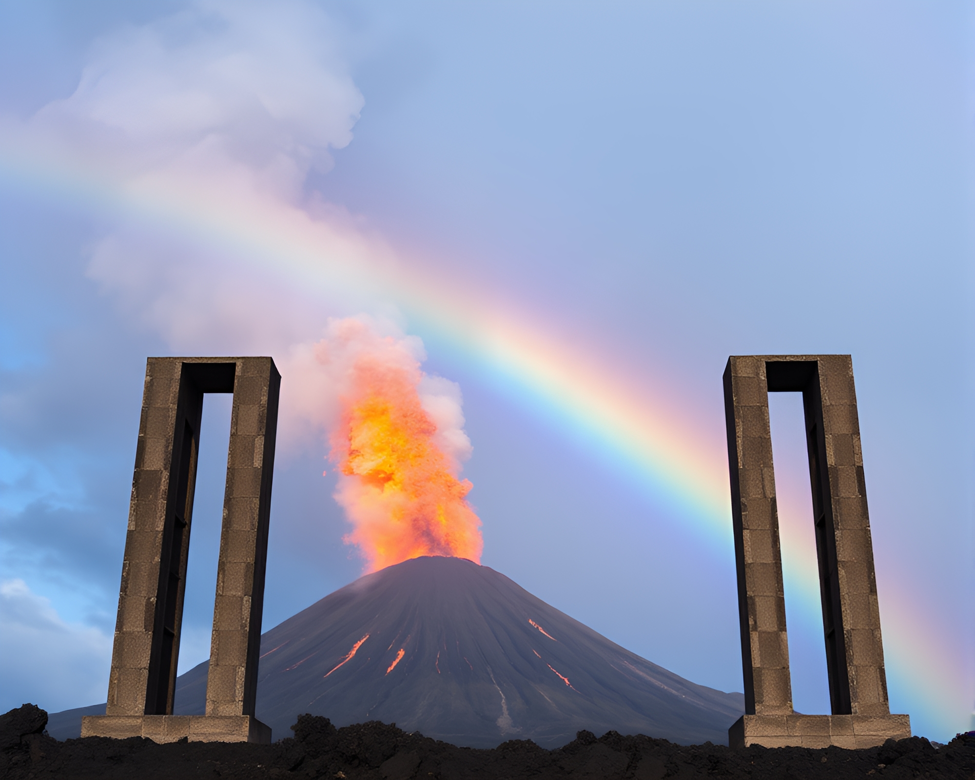 Architectural Frame of Volcanic Eruption in Rainbow Spectrum – free AI stock image