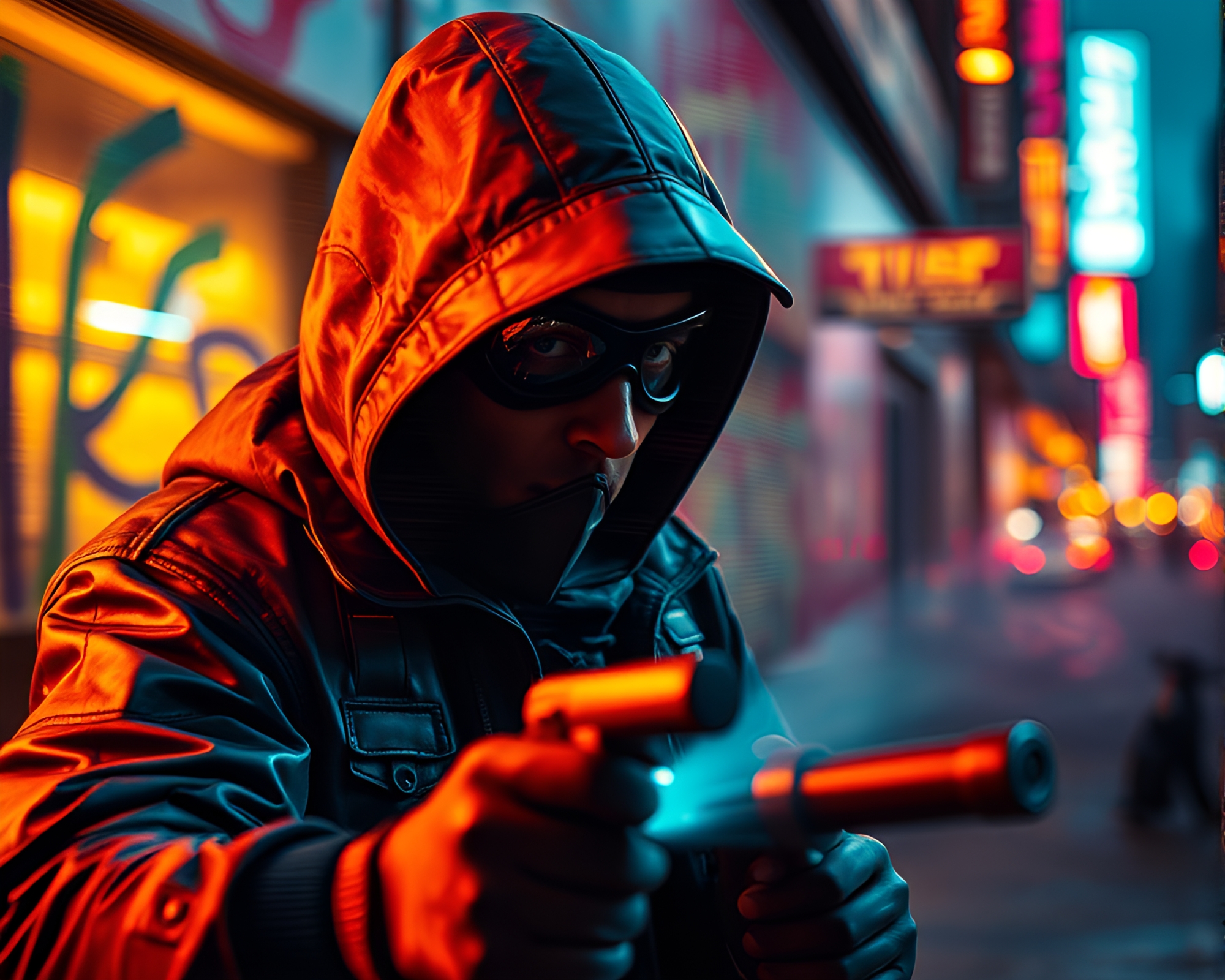 Cyberpunk Vigilante in Midnight Pursuit with Pan Motion Blur – free AI stock image