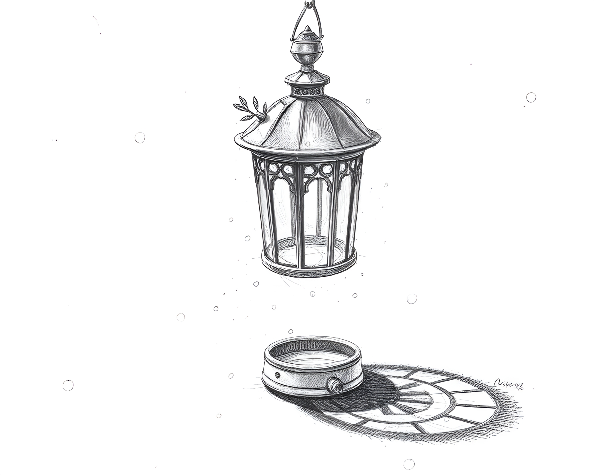 Dew Drops Illuminated by Lantern Light Sketch – free AI stock image