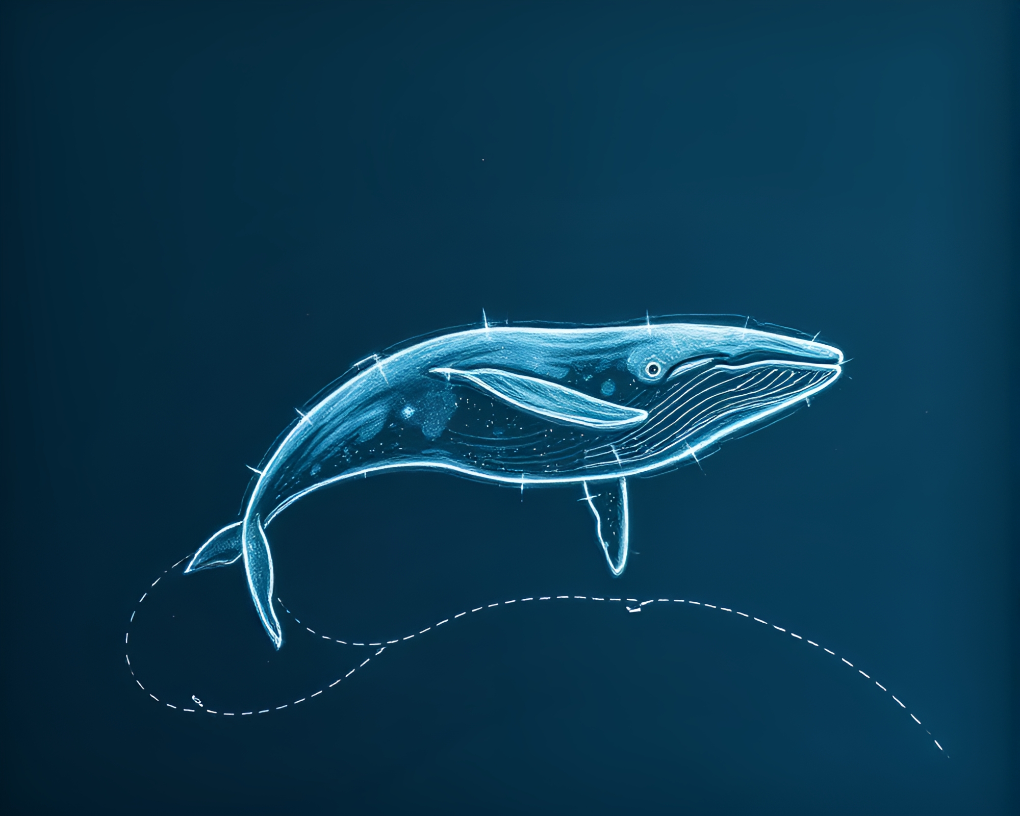 Whale swimming under glowing car light trails – free AI stock image