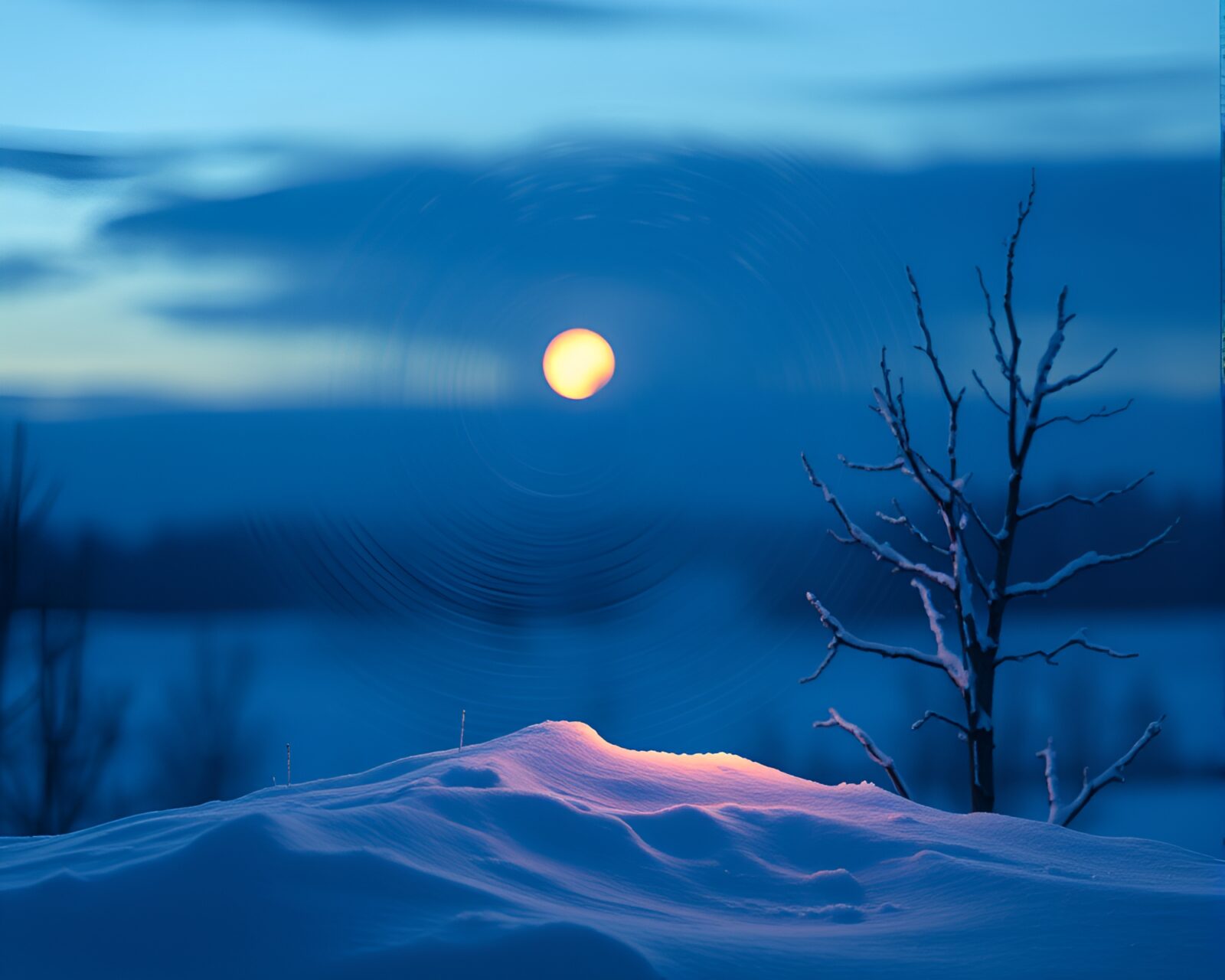 Abstracted snow owl in twilight blue swirls, sous rature style