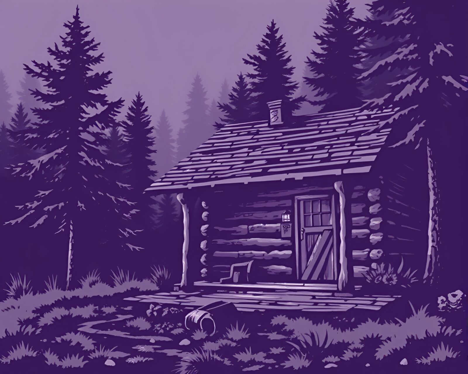 Grisaille image featuring a rustic cabin surrounded by amethyst hues