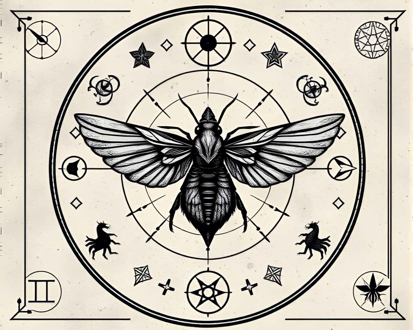 Monochrome image of intricate alchemical symbols on textured paper