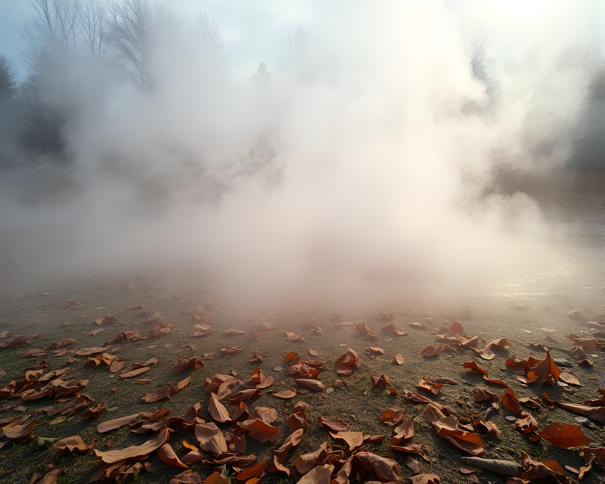Geyser Field Holographic Mist: Enchanted Leaf Litter Fantasy – free AI stock image