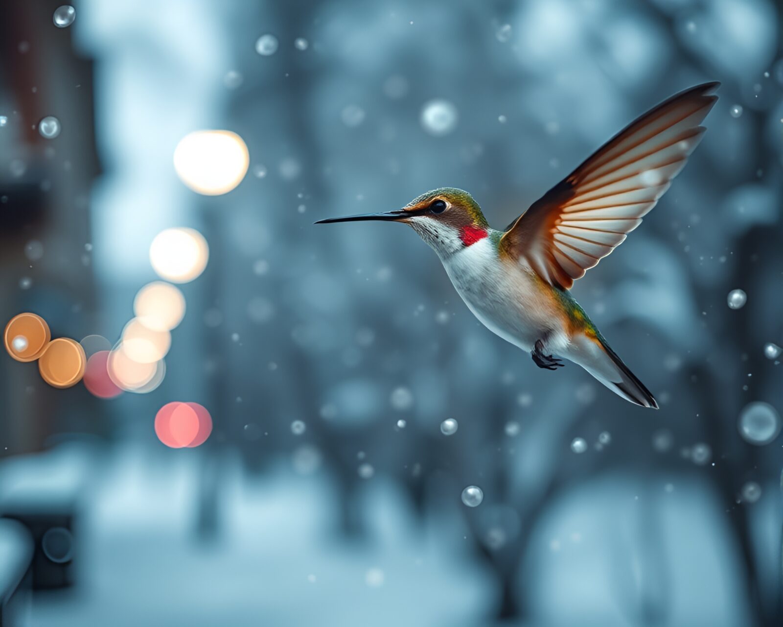 Vibrant street art of a hummingbird in motion blur snow
