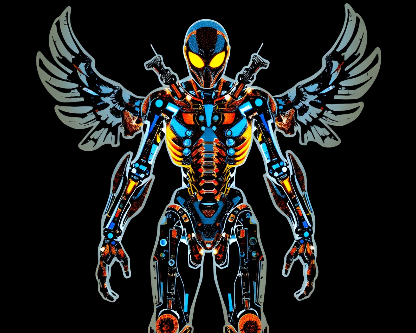 Pixelated light illuminating intricate exoskeleton suit cutouts art composition