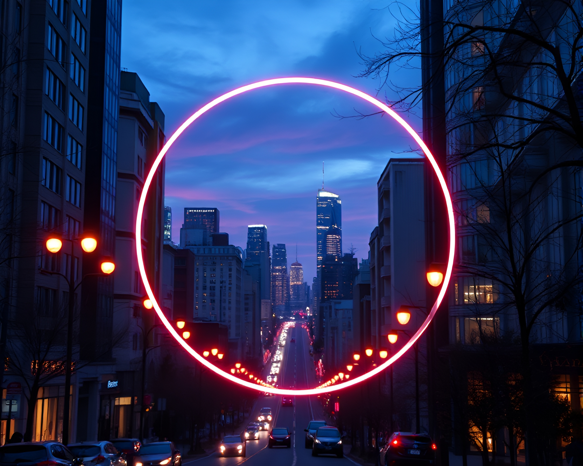 Futuristic Circular Cityscape with Glowing Streetlamps – free AI stock image