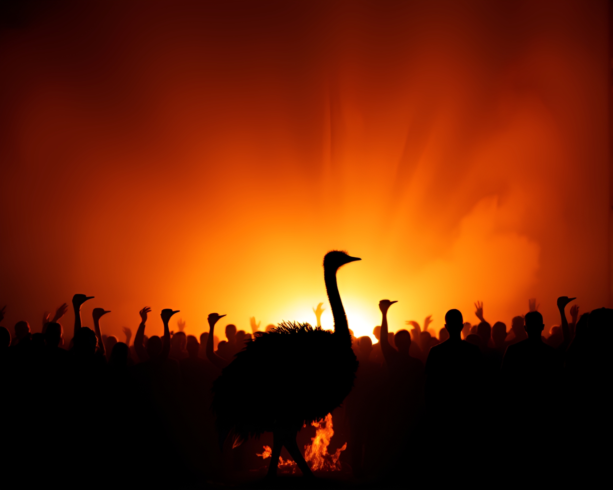 Mesmerizing Crowd of Ostrich Silhouettes by Bonfire – free AI stock image