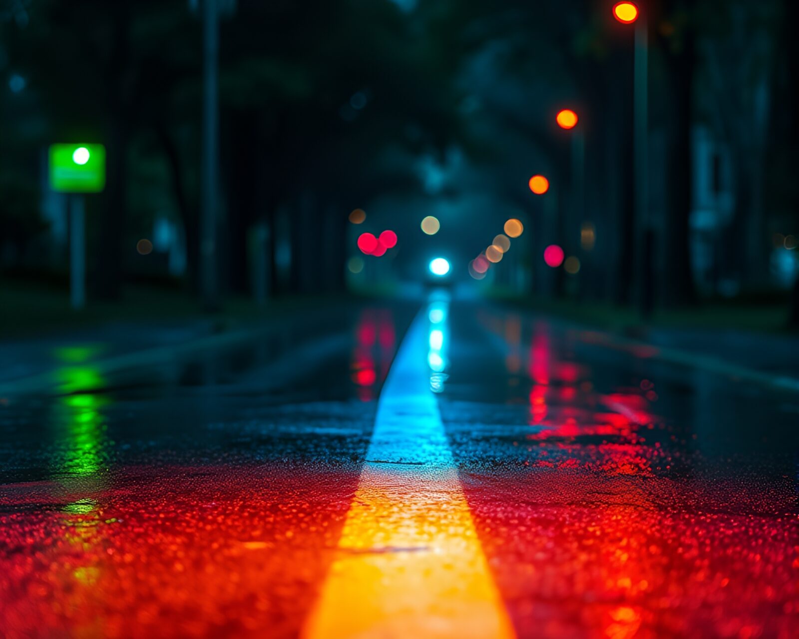 Fantasy warrior holding sword on colorful, glossy pavement
