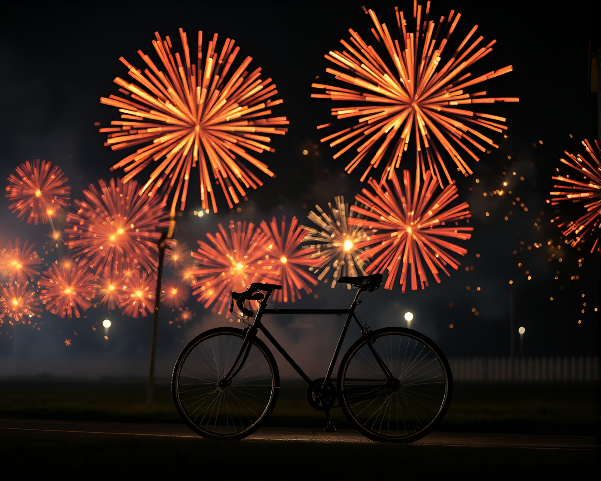 Bicycle Under Fireworks: Path Traced Night Ride – free AI stock image