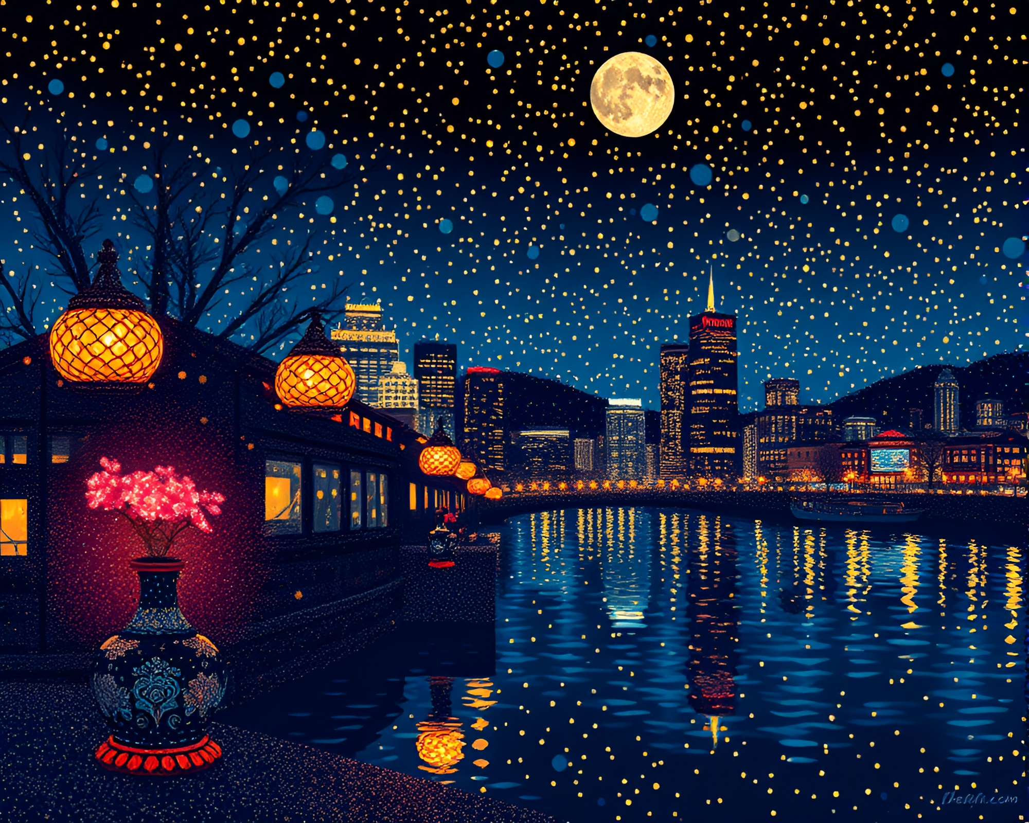 City Lights Cloisonné: Vector Artistry in Pointillist Dots – free AI stock image