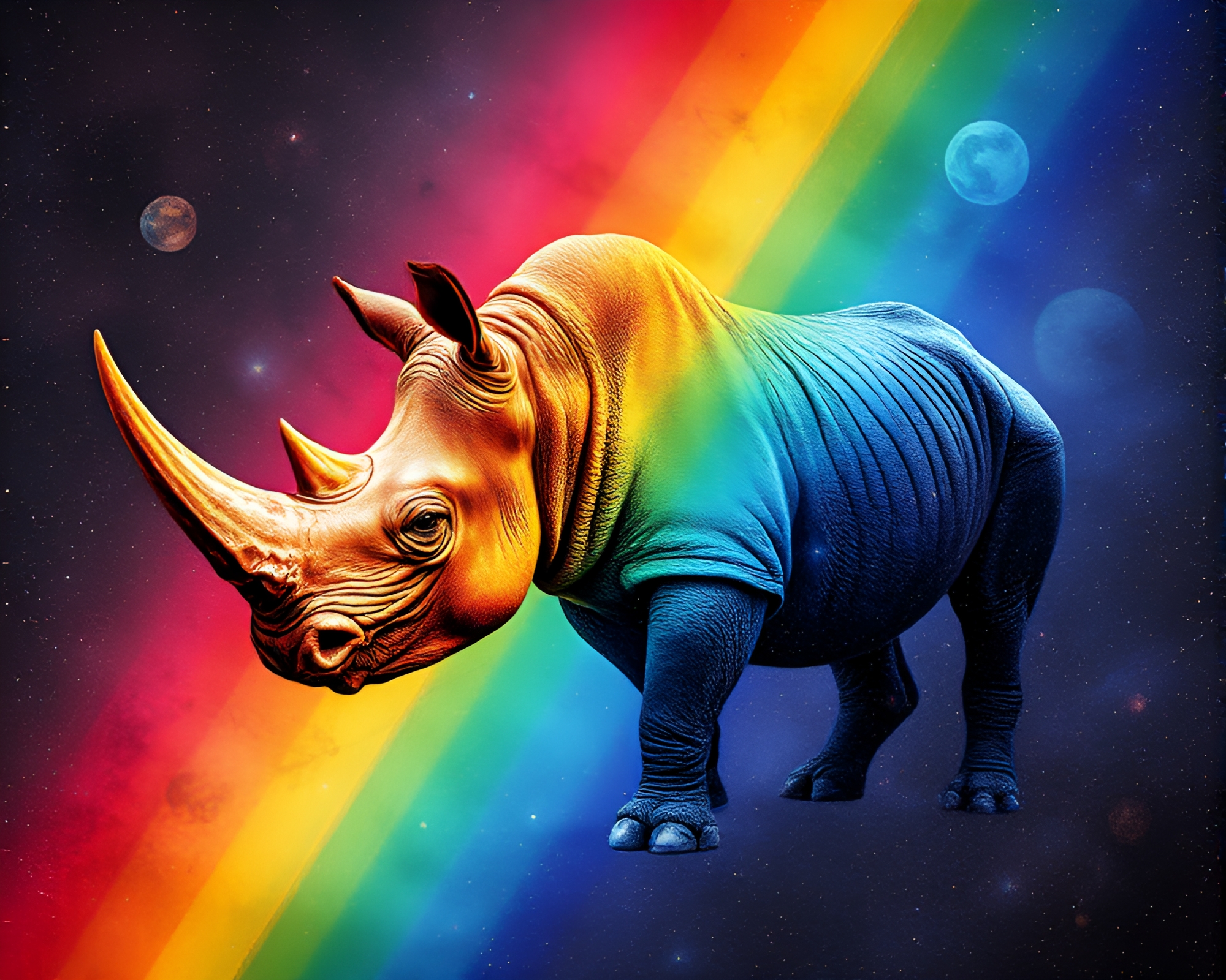 Lithographic Rhinoceros in Cosmic Rainbow Texture – free AI stock image