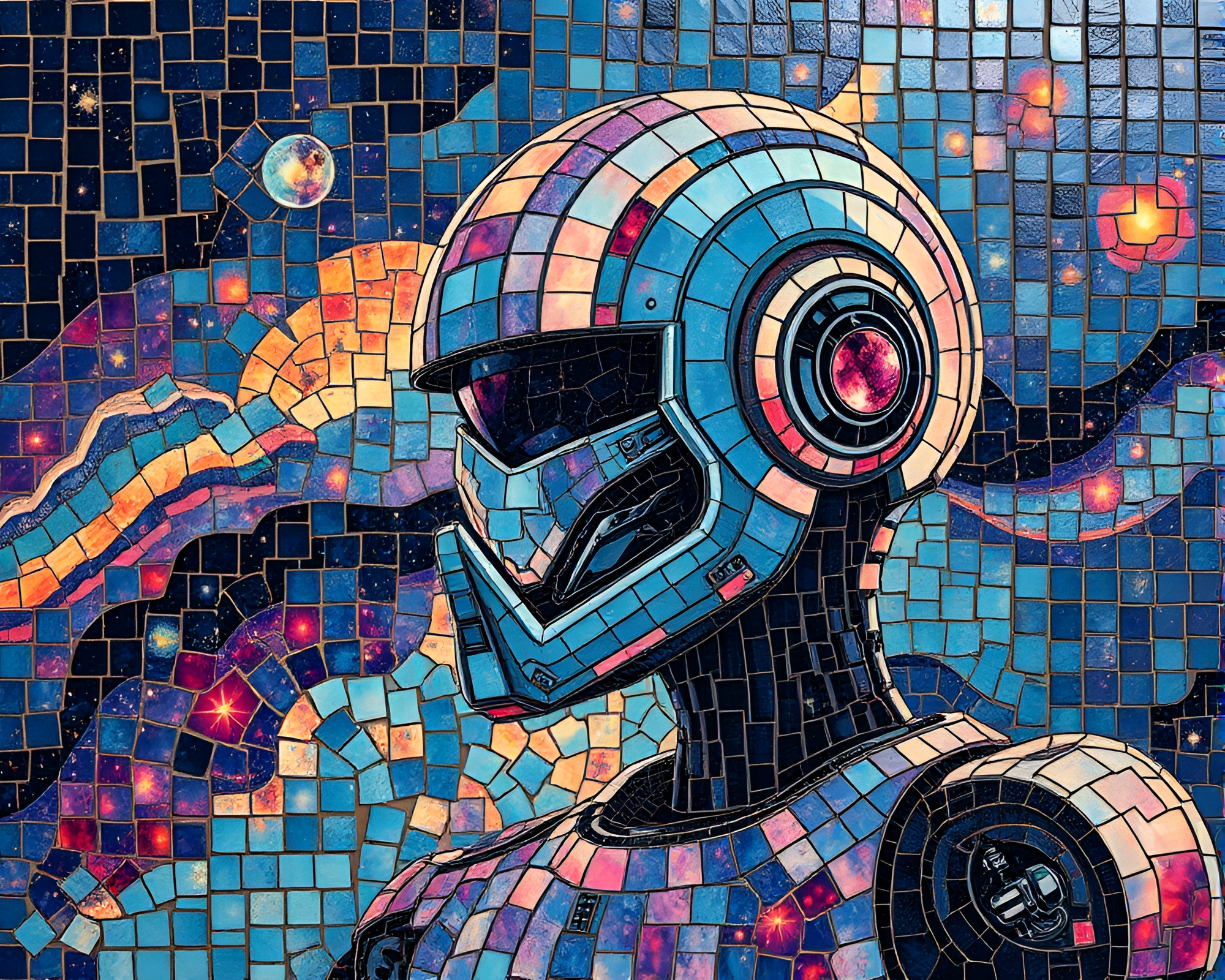 Cosmic Robot Etched Mosaic in Nebula Hues – free AI stock image