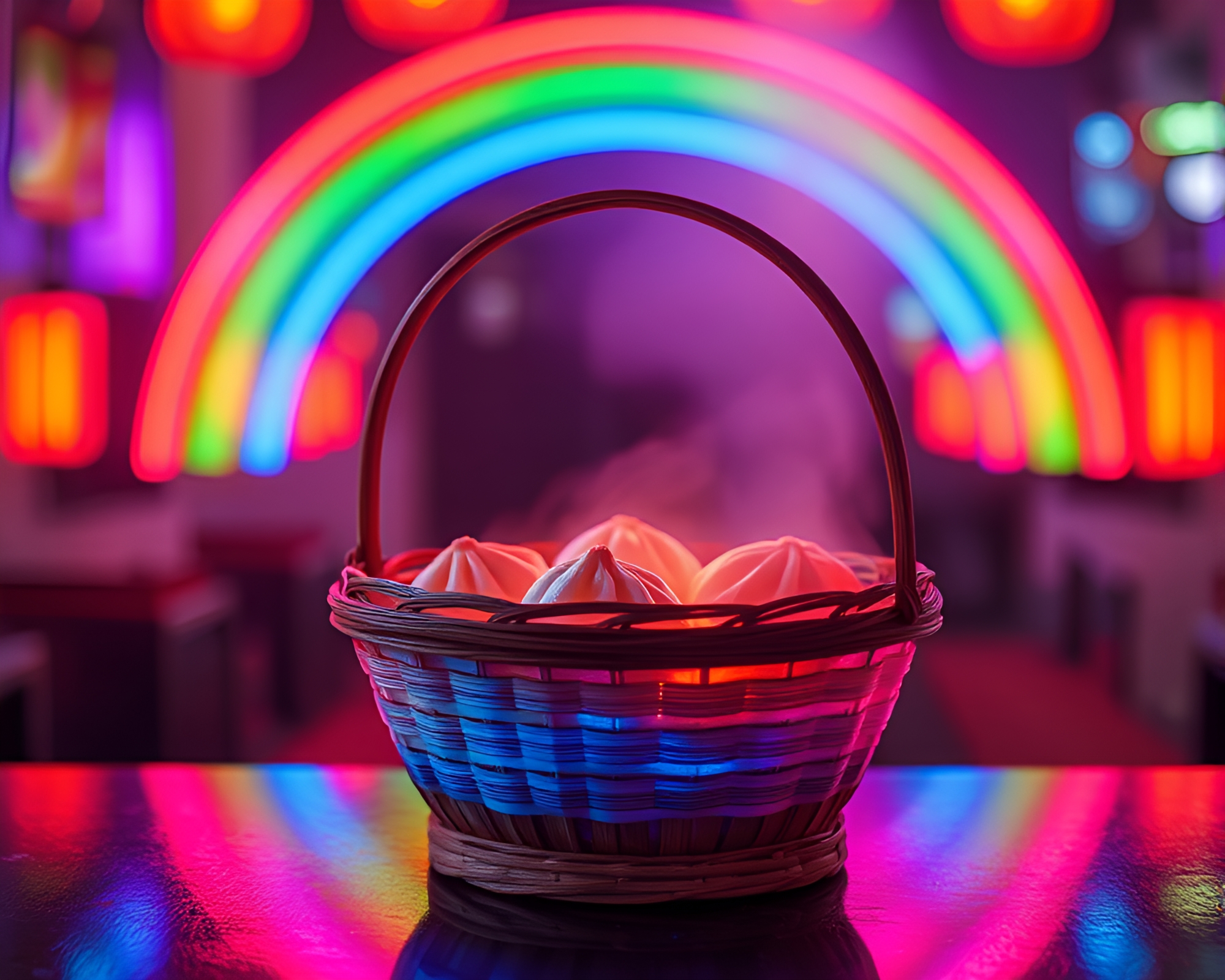 Neon-lit Dim Sum Rainbow Basket – free AI stock image