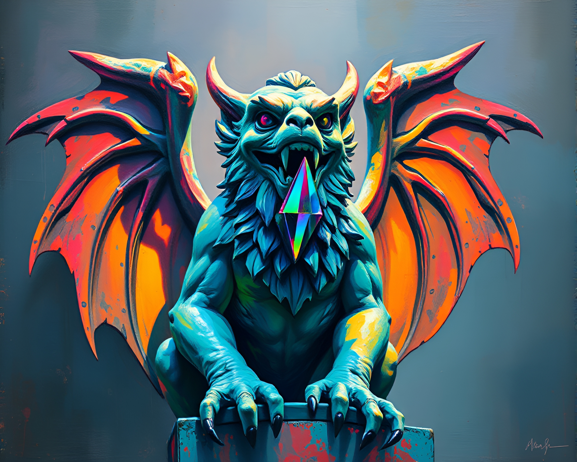 Prism Refracted Gargoyle Statue in Washed-out Expressionist Style – free AI stock image