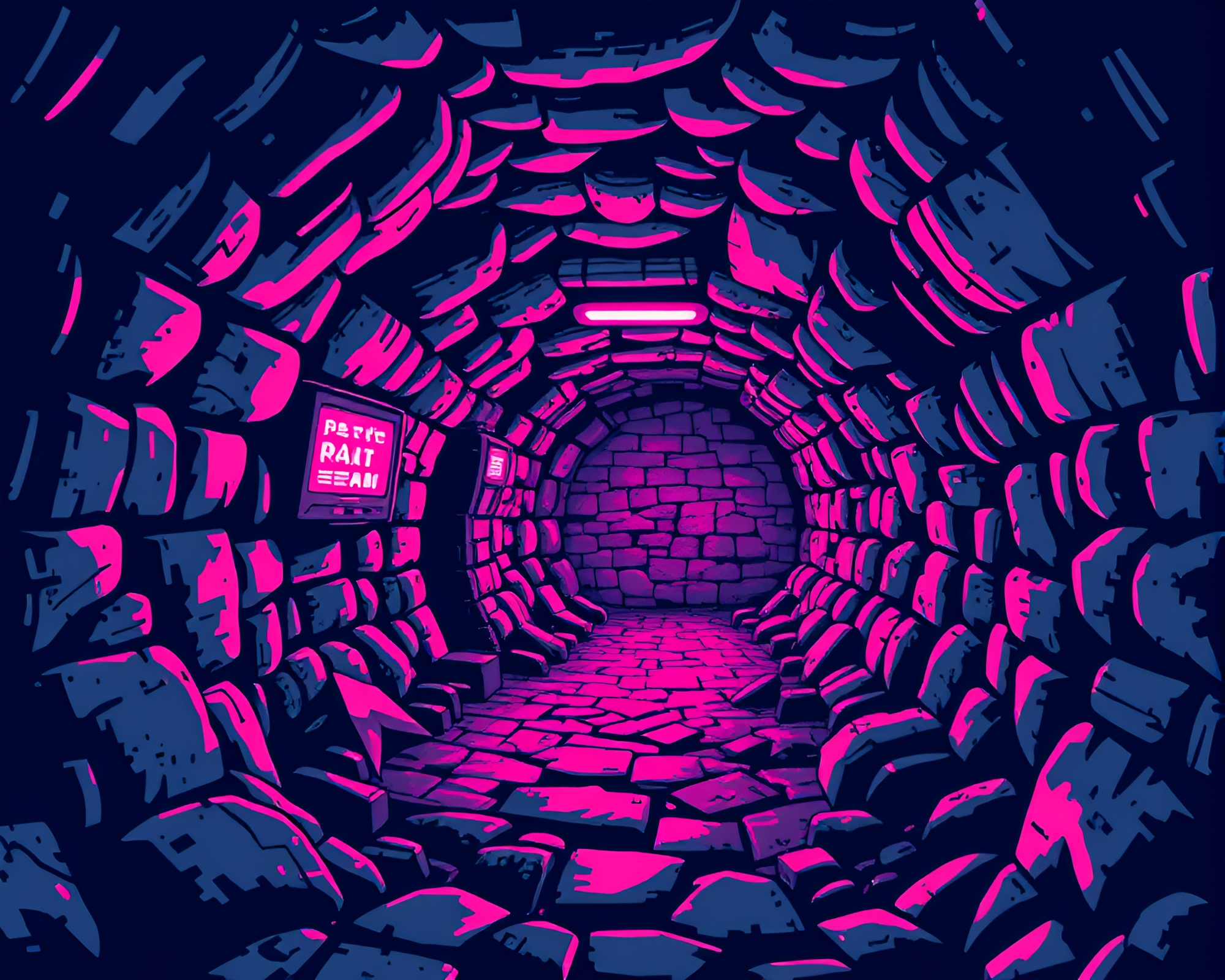 Fragmented Magenta Bunker: 16-Bit Underground Mosaic Composition – free AI stock image