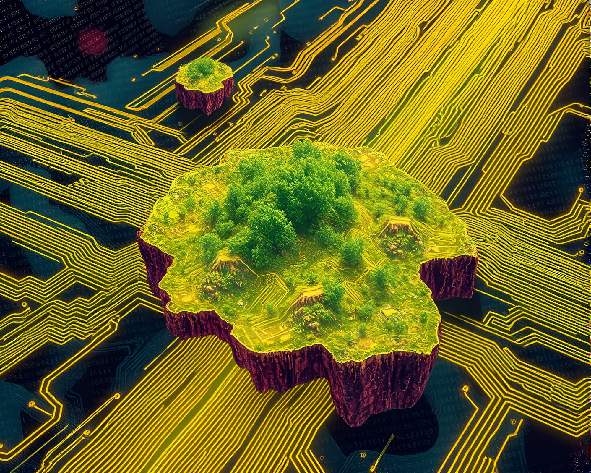 Surreal Floating Island with Circuit Board Traces – free AI stock image