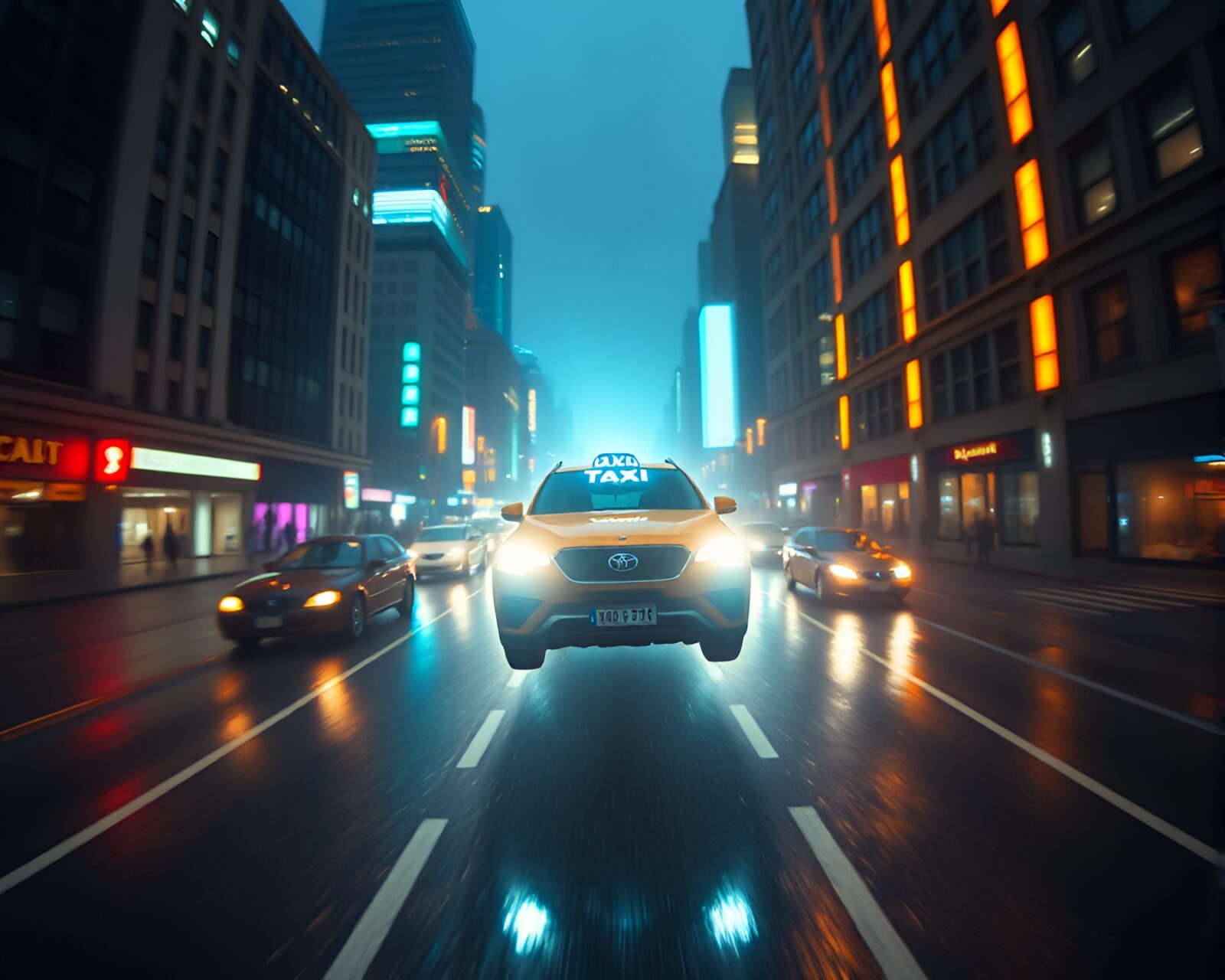 Wide-angle view of a magical hover taxi glowing