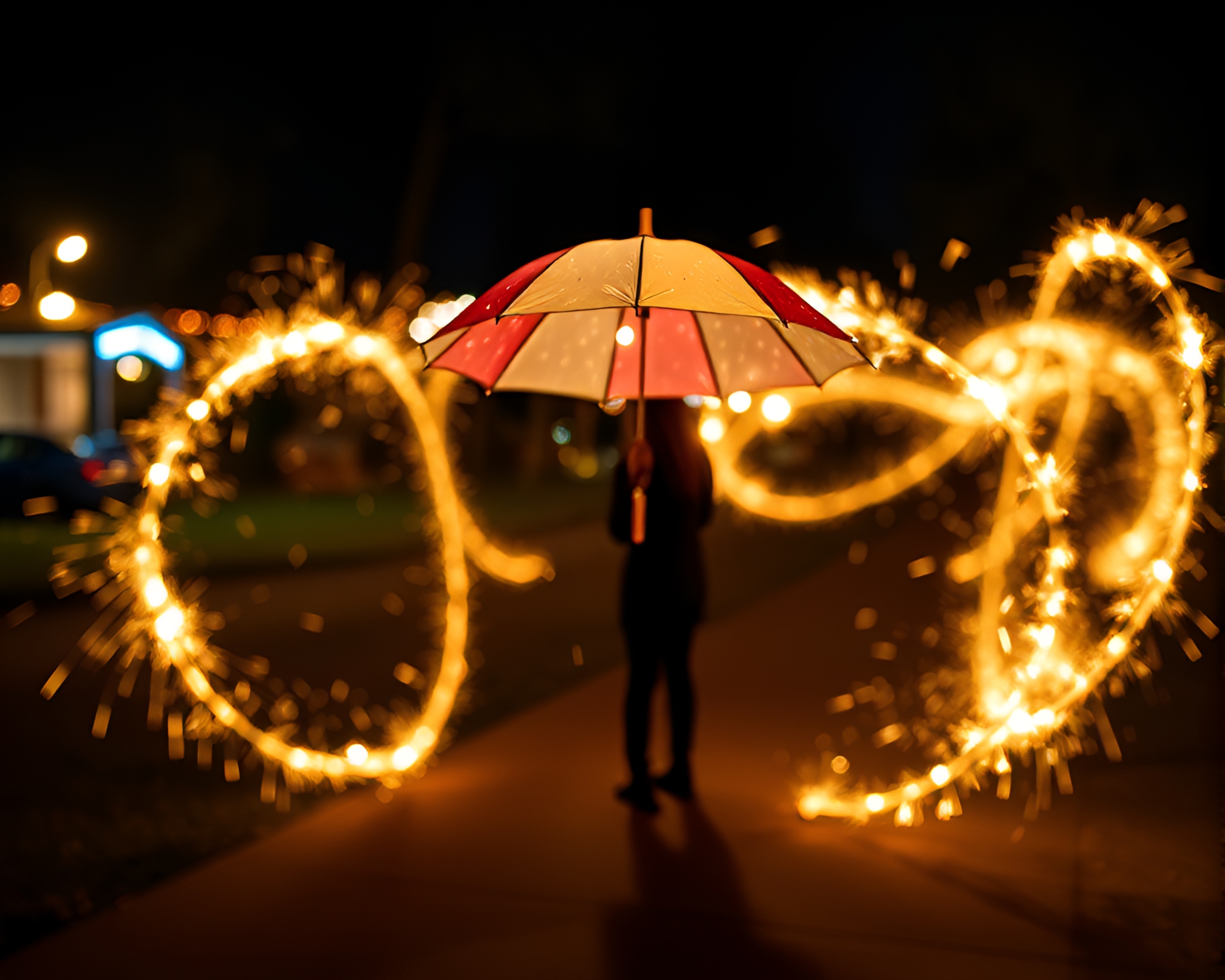 Glowing Neon Umbrella Among Sparkler Trails – free AI stock image