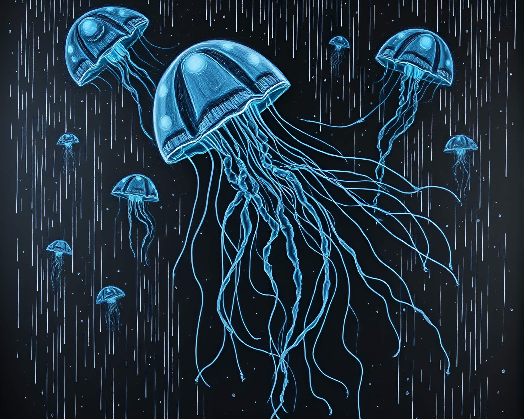 Bioluminescent Jellyfish Crosshatching Chalkboard Art – free AI stock image