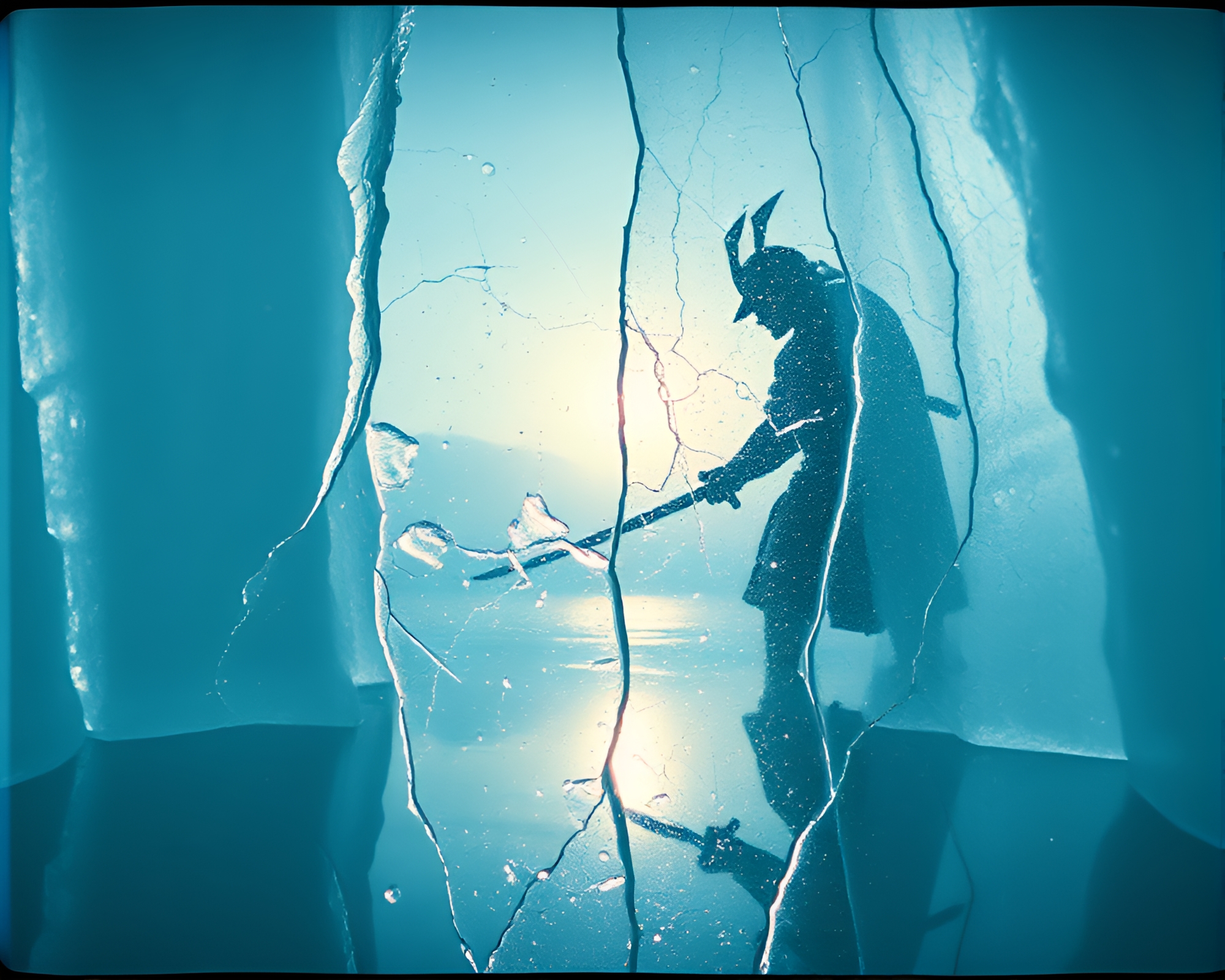 Samurai Warrior in Ice Reflection Crack bio-Organic Style – free AI stock image