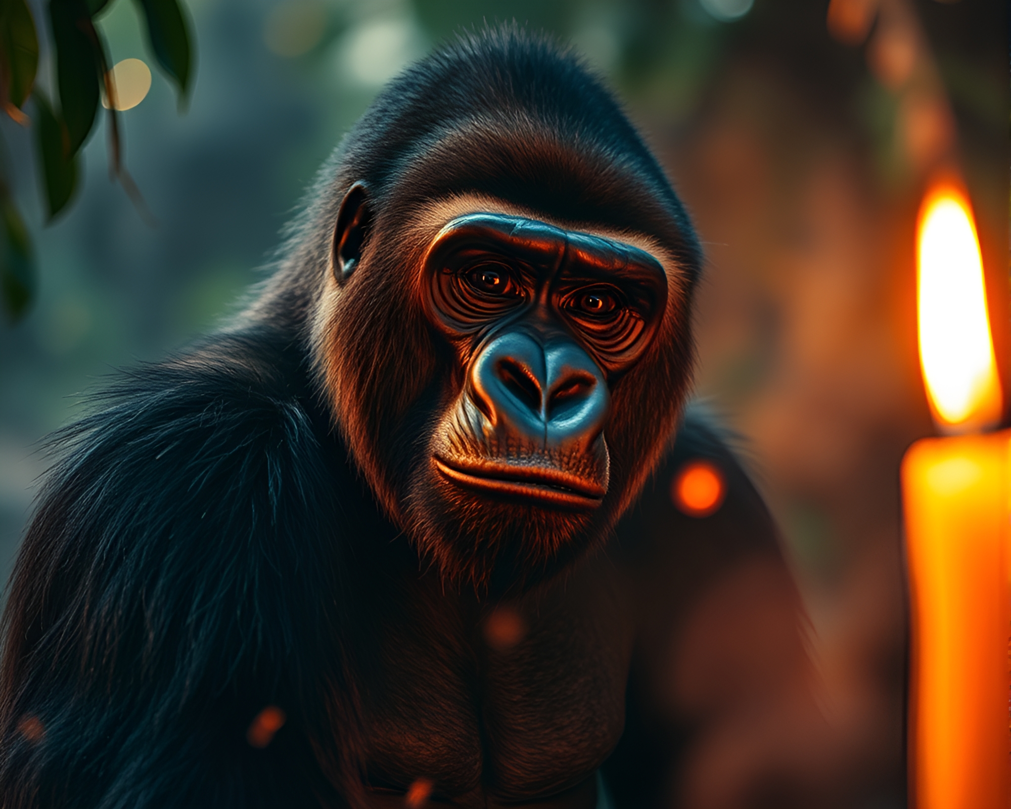 Zoom Burst Gorilla in Candlelit HDR Ambiance – free AI stock image