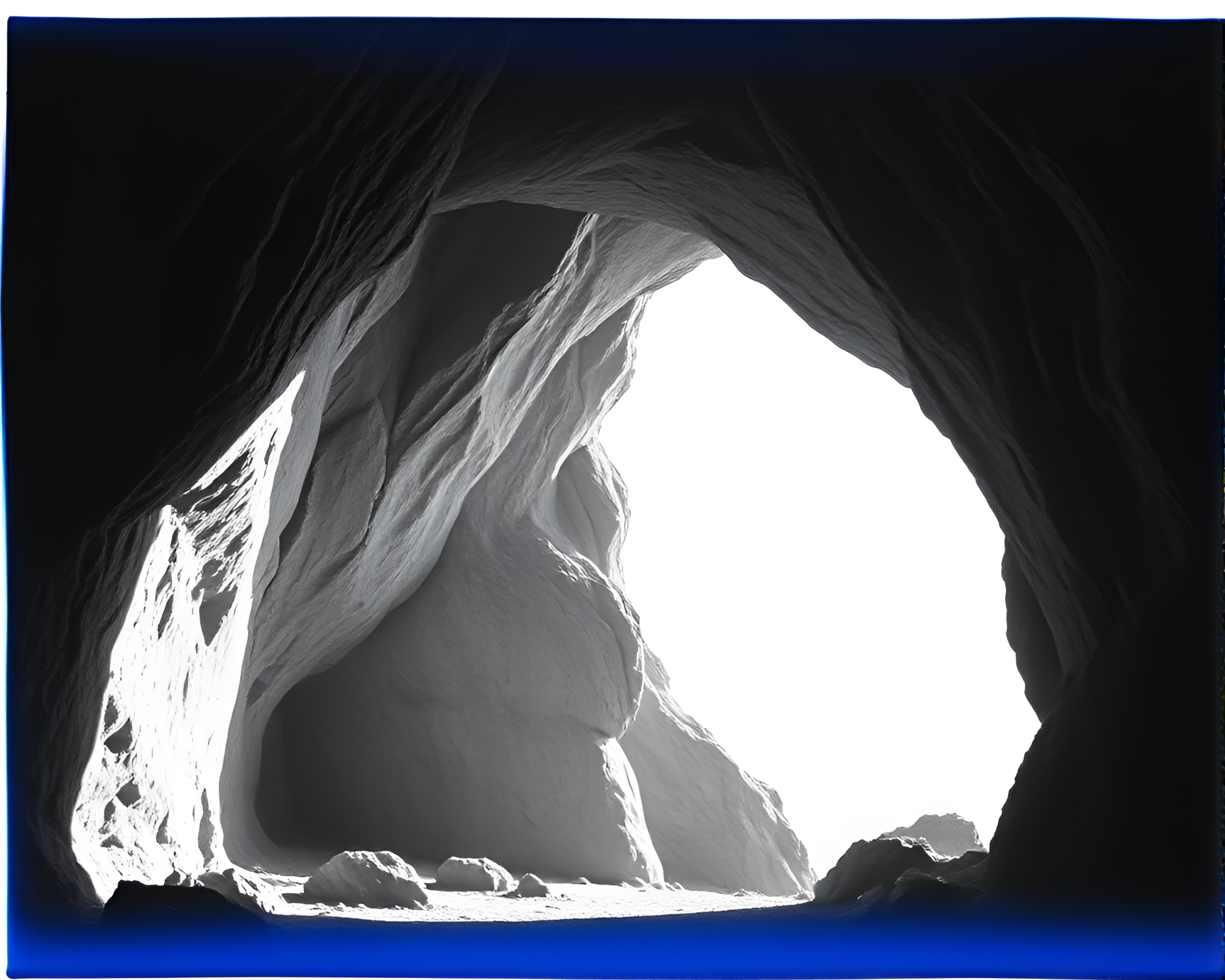 Monochrome Blue Caverns Architectural Film Frame – free AI stock image