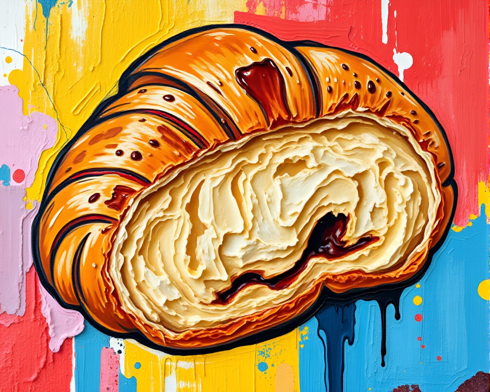 Vivid mural painting of an extreme close-up croissant