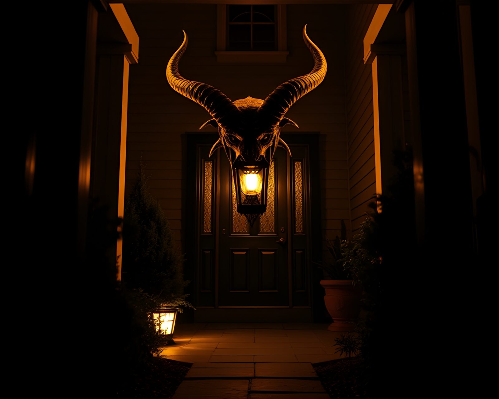 Magical three-headed dog in warm porchlight under LED art