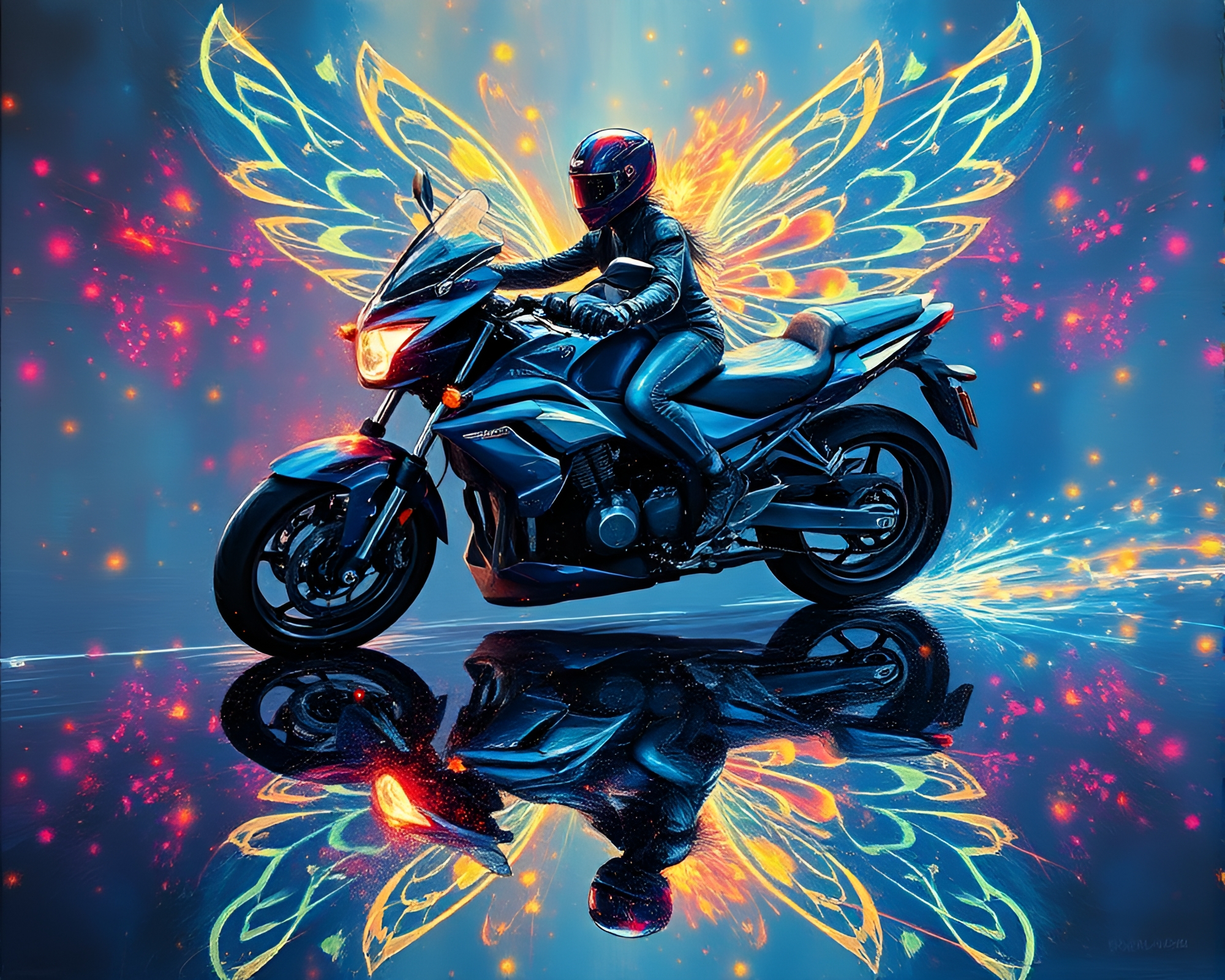 Neon Motorcycle Mirror Symmetry Oil Painting – free AI stock image