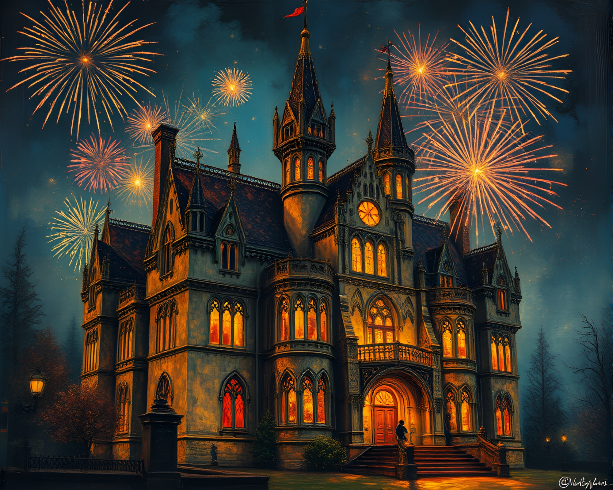 Neo-Gothic Mansion Festival Fireworks Fresco Painting – free AI stock image