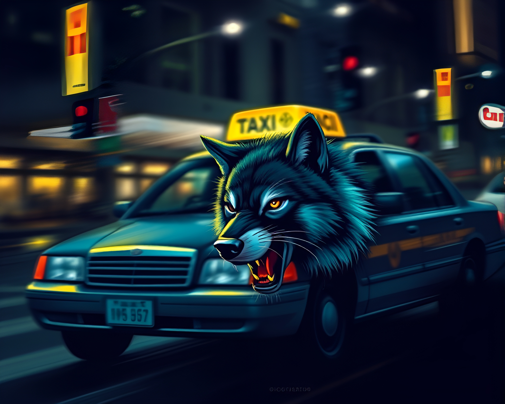Sapphire Werewolf Speeding through Urban Night in Toon Style – free AI stock image