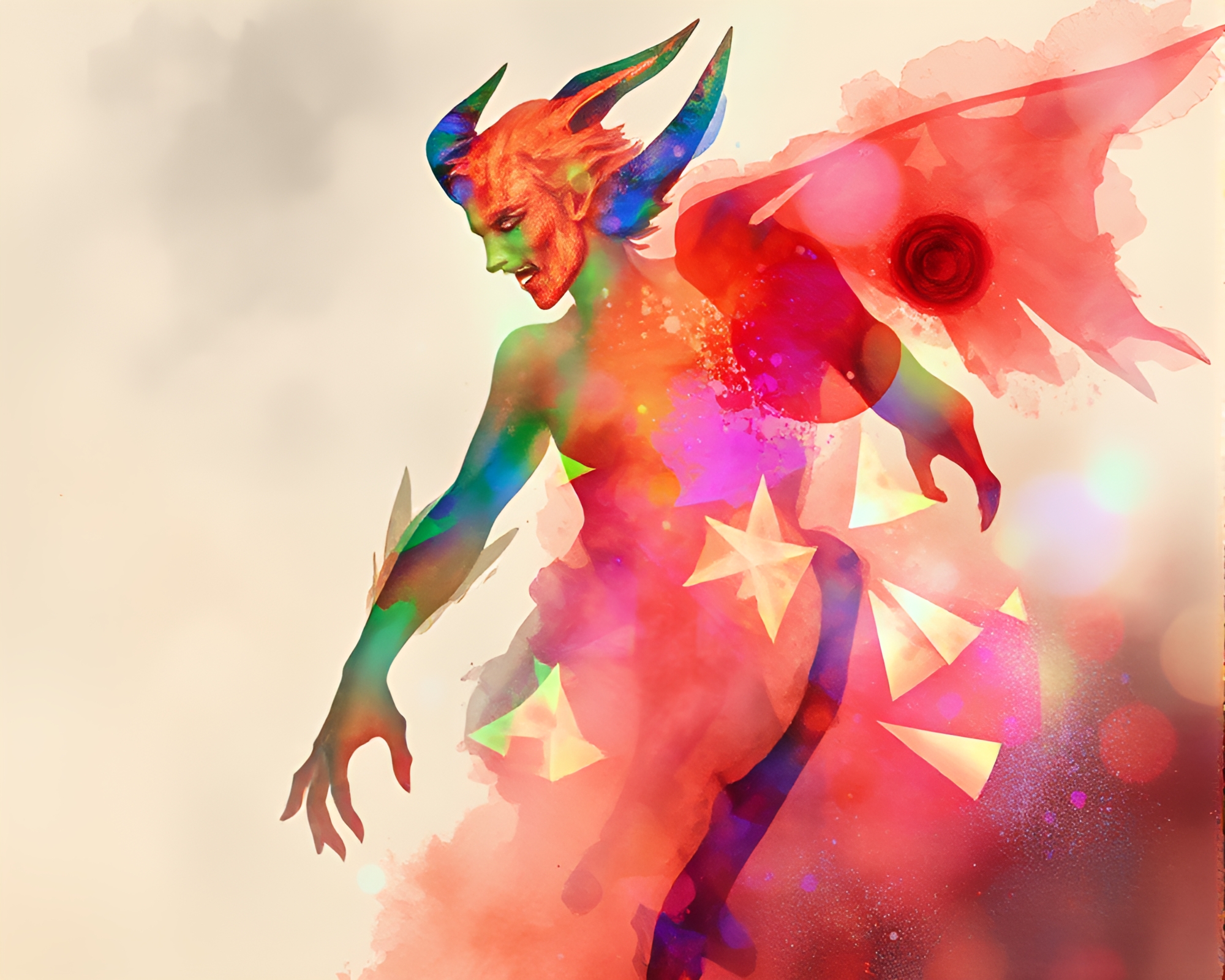 Mystical Djinn Emerging from Holographic Watercolor Portal – free AI stock image
