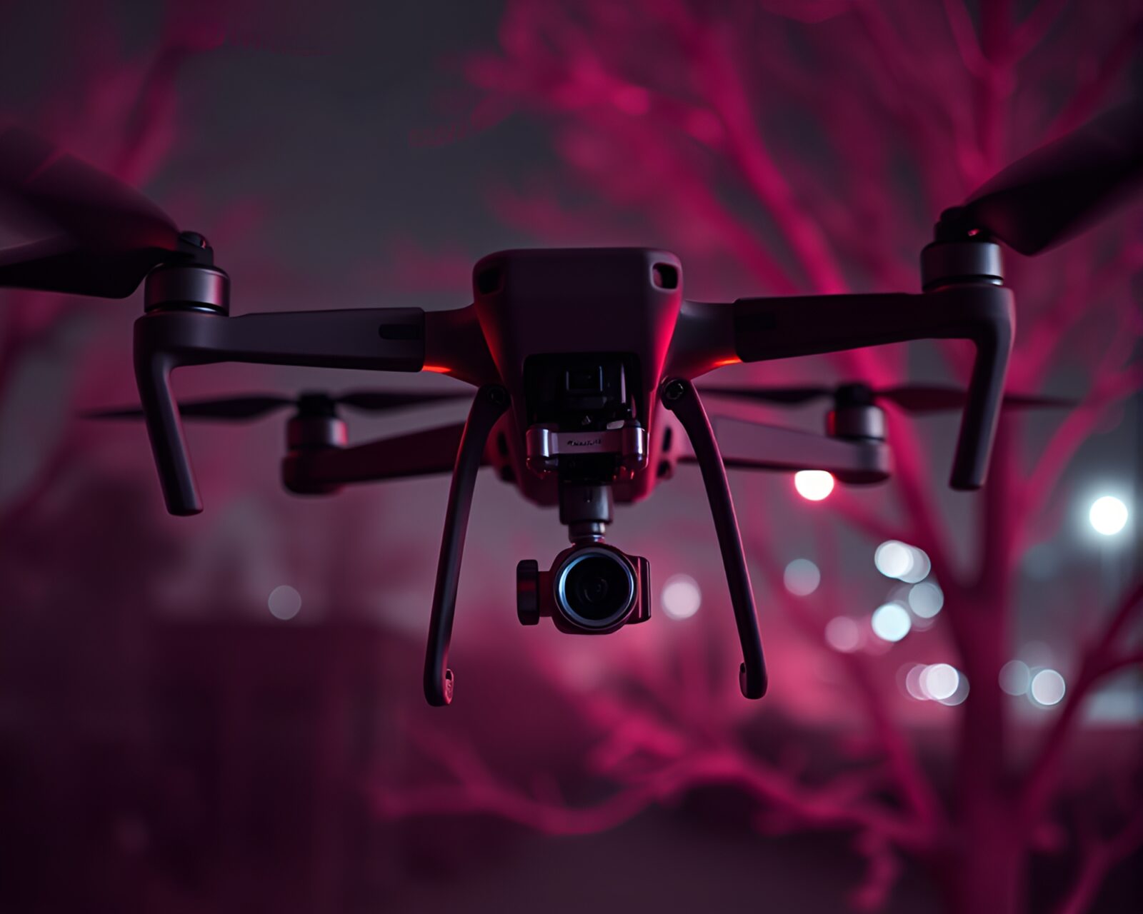 Split focus diopter image of infrared drone in noir lighting