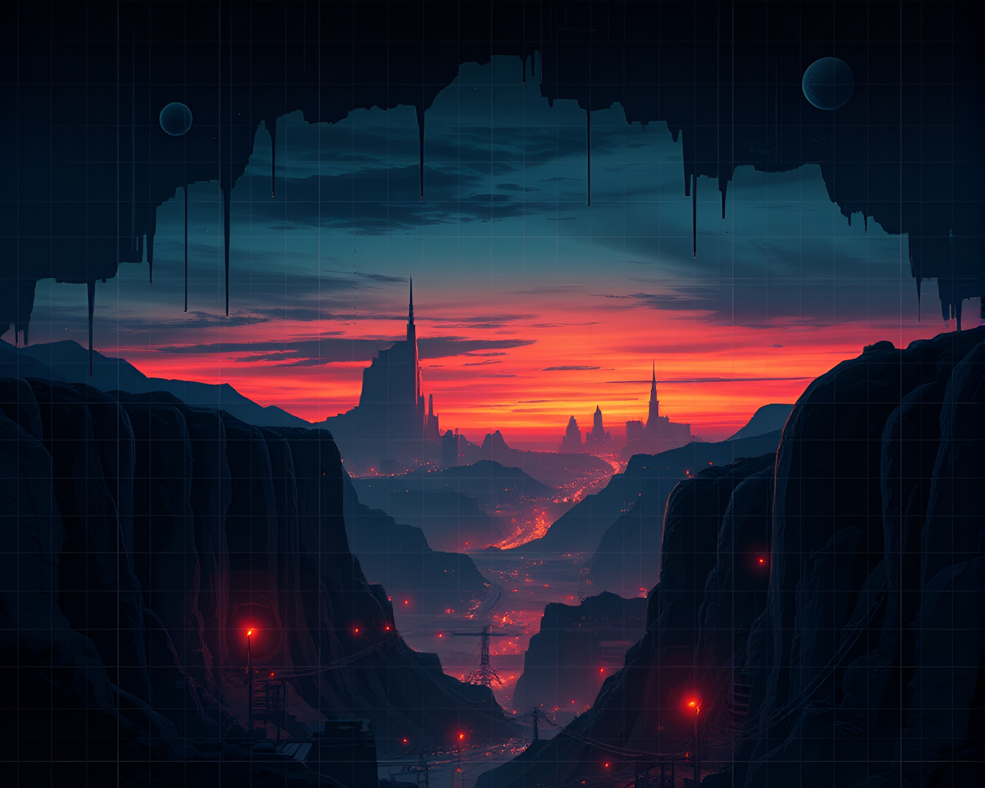 Dystopian Cavern at Dusk with Grid Overlay – free AI stock image