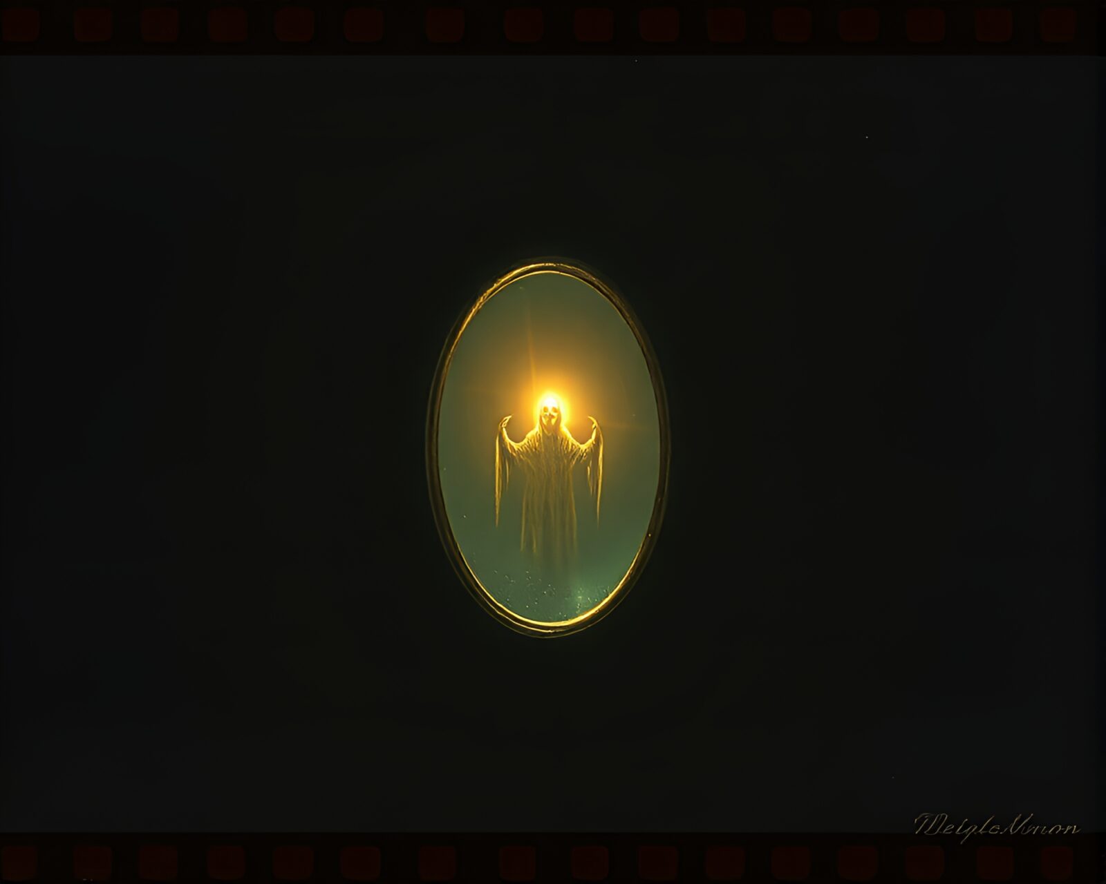 Egg tempera haunted mirror reflecting dungeon torchlight.