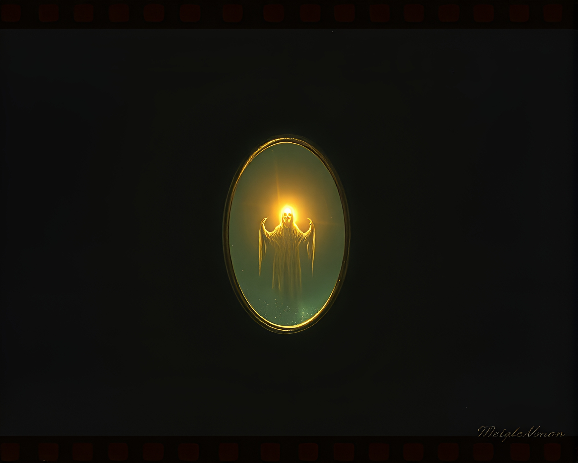 Ethereal Haunting in Dungeon with Film Sprocket Detail – free AI stock image