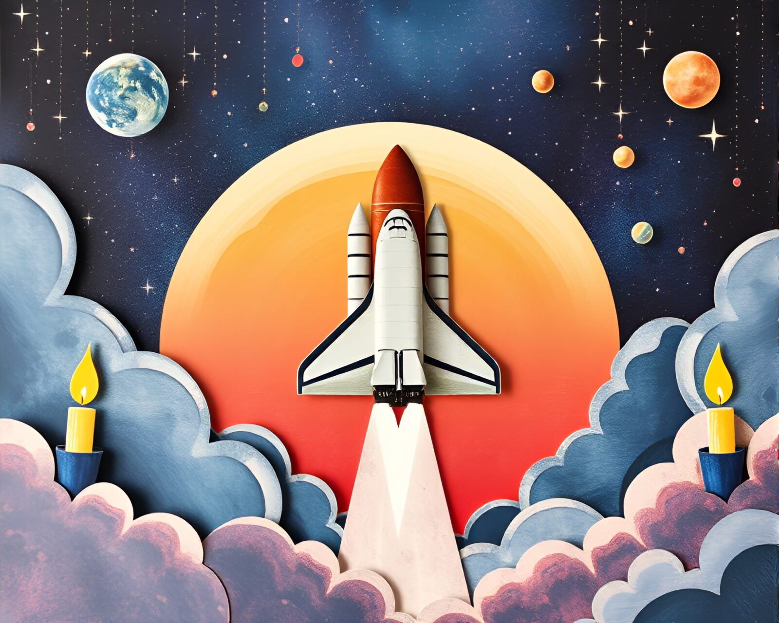 Unique collage of space shuttle surrounded by cosmic dust