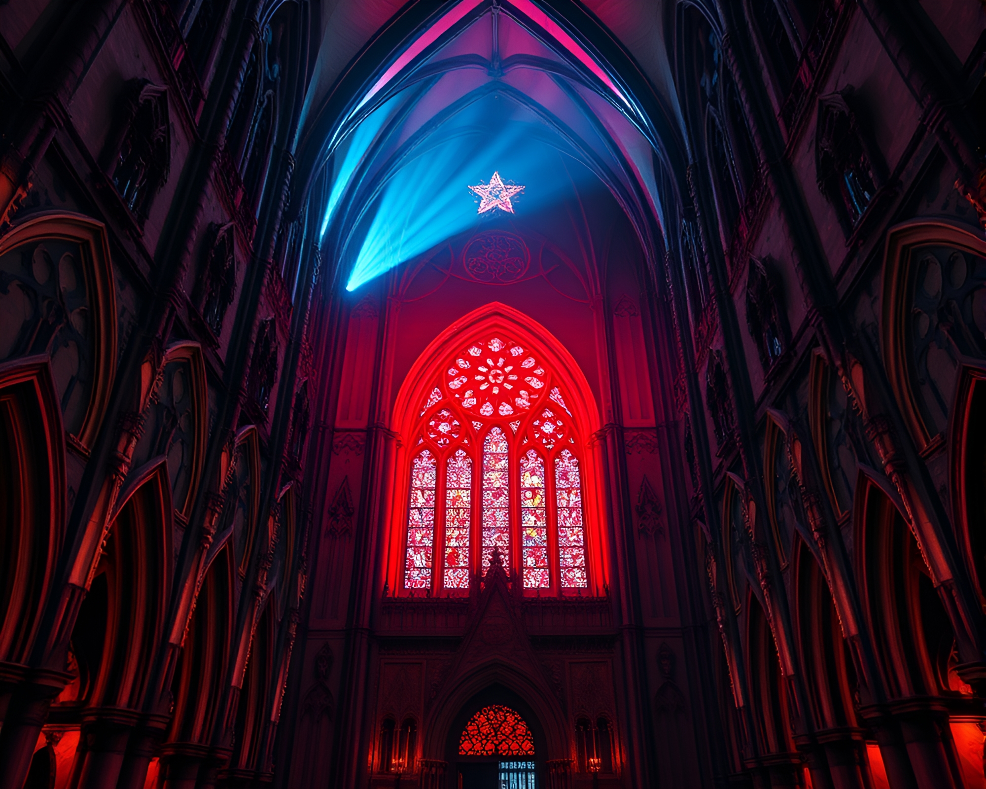 Gothic Cathedral Illuminated by Neon Theatrical Lights – free AI stock image